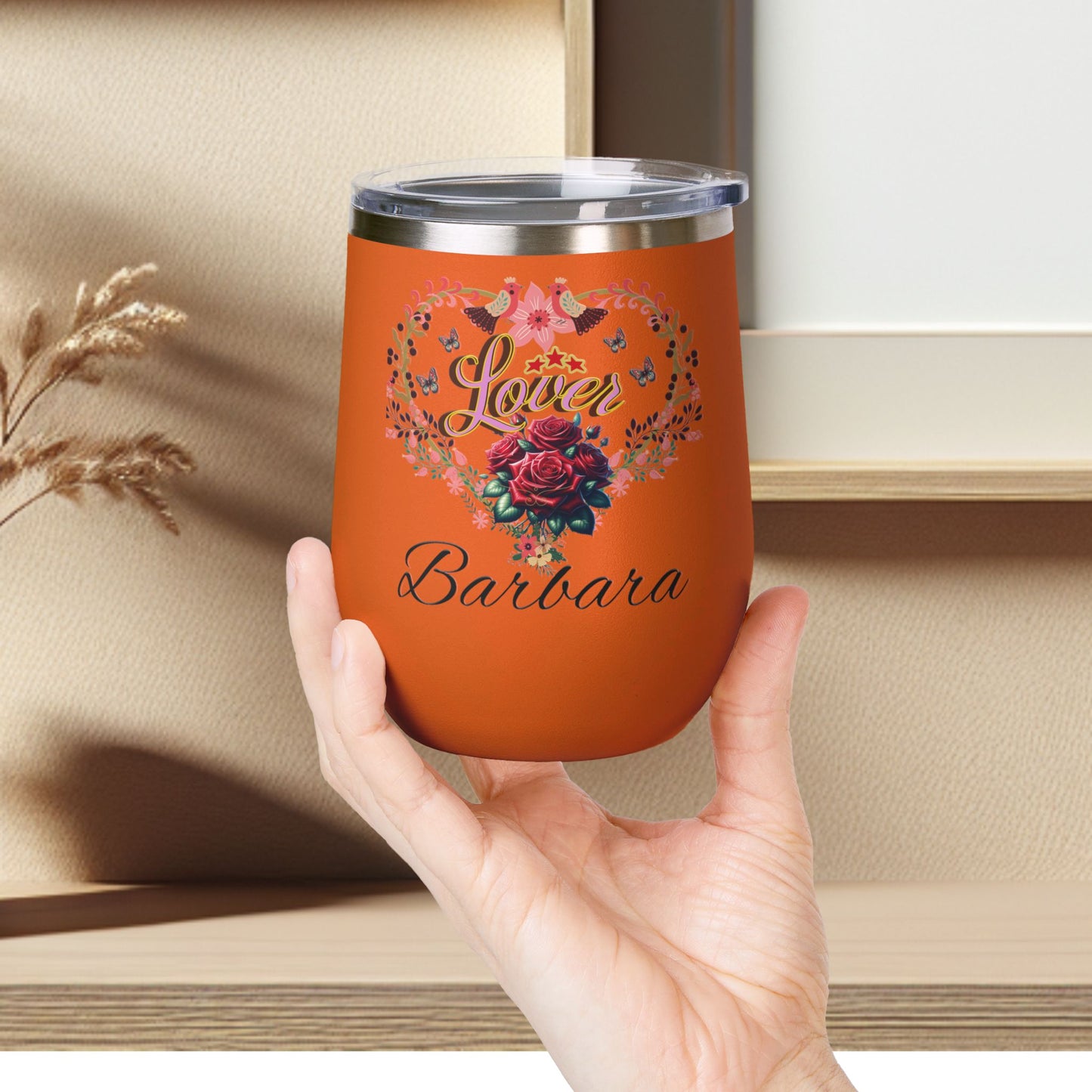 Personalized Lover's Floral Heart Wine Tumbler, 12oz