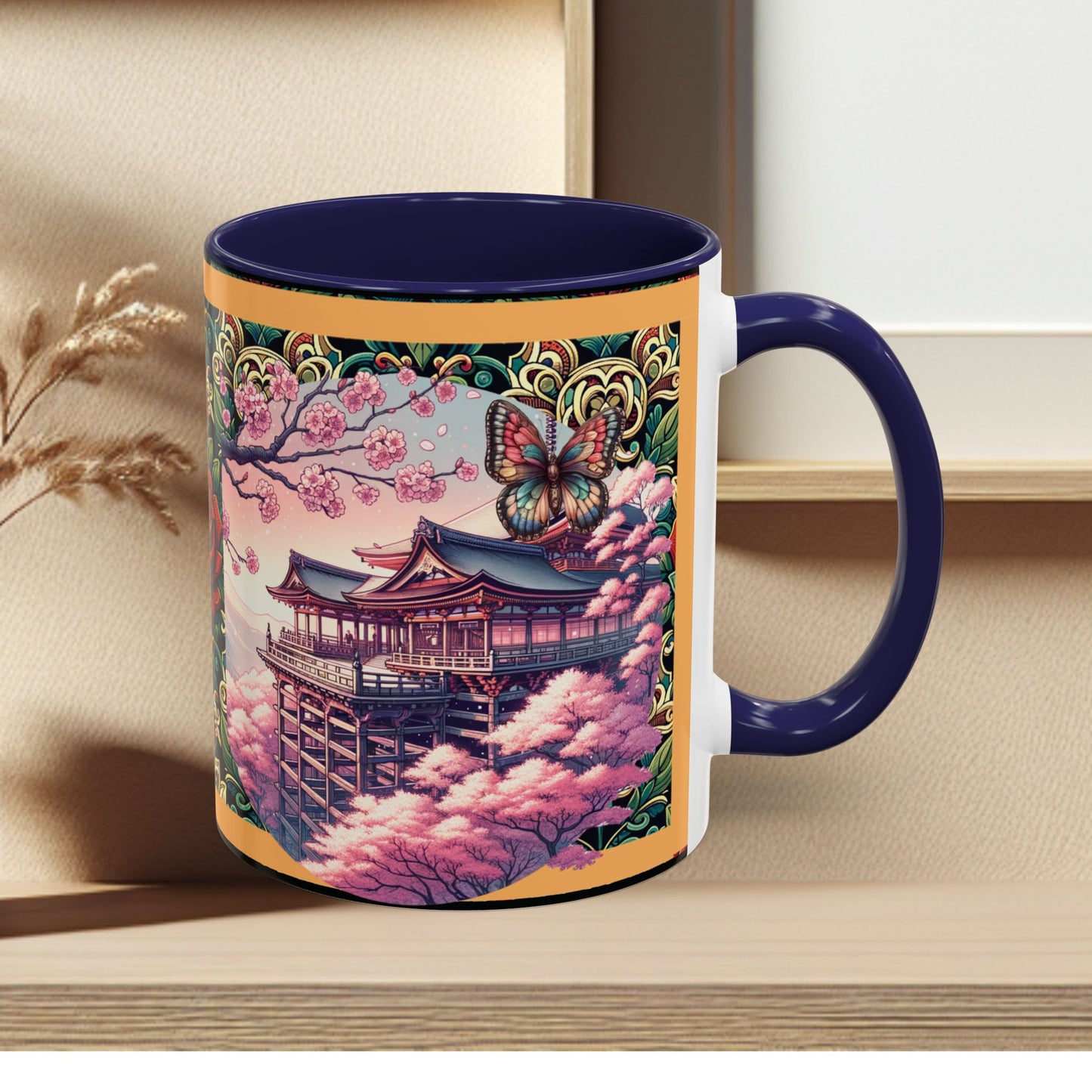 Mug - Sakura Butterfly Coffee Mug with Cherry Blossoms and a Rose
