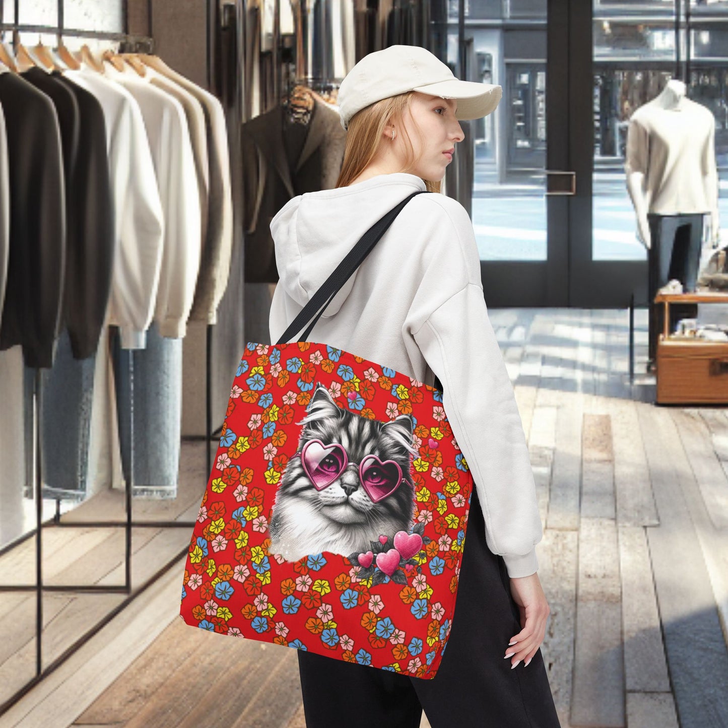 Kitty Ride Tote Bag with Flowered Red Design