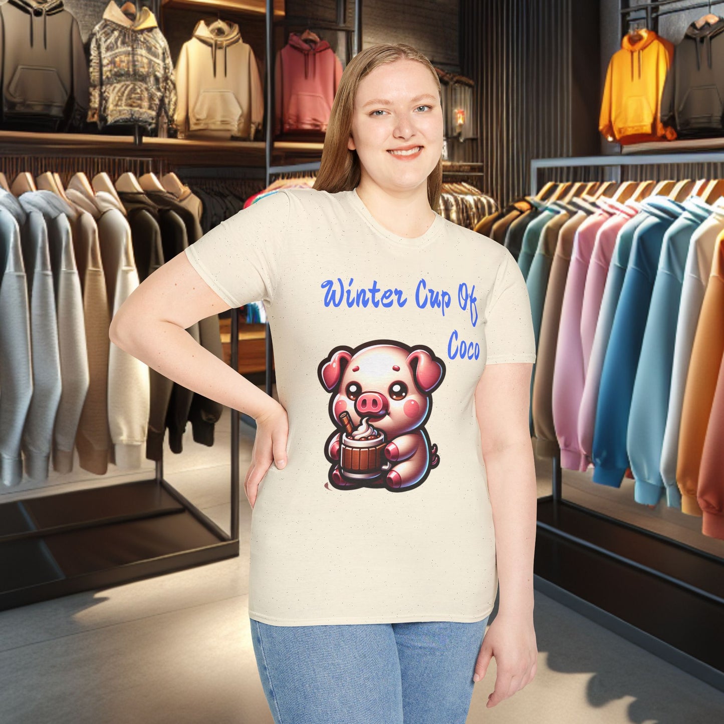 Pig Sipping on a Cup Of Coco Unisex T-Shirt - Winter Coco