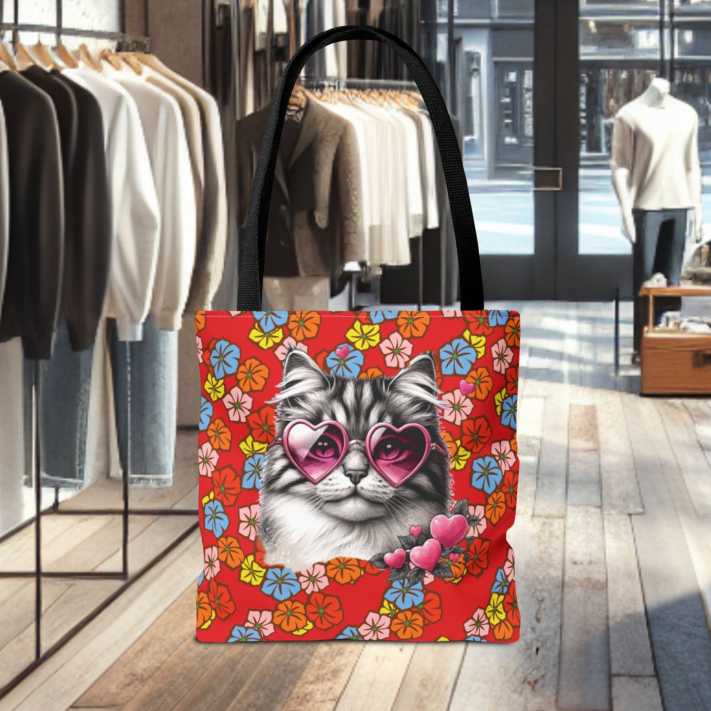Kitty Ride Tote Bag with Flowered Red Design