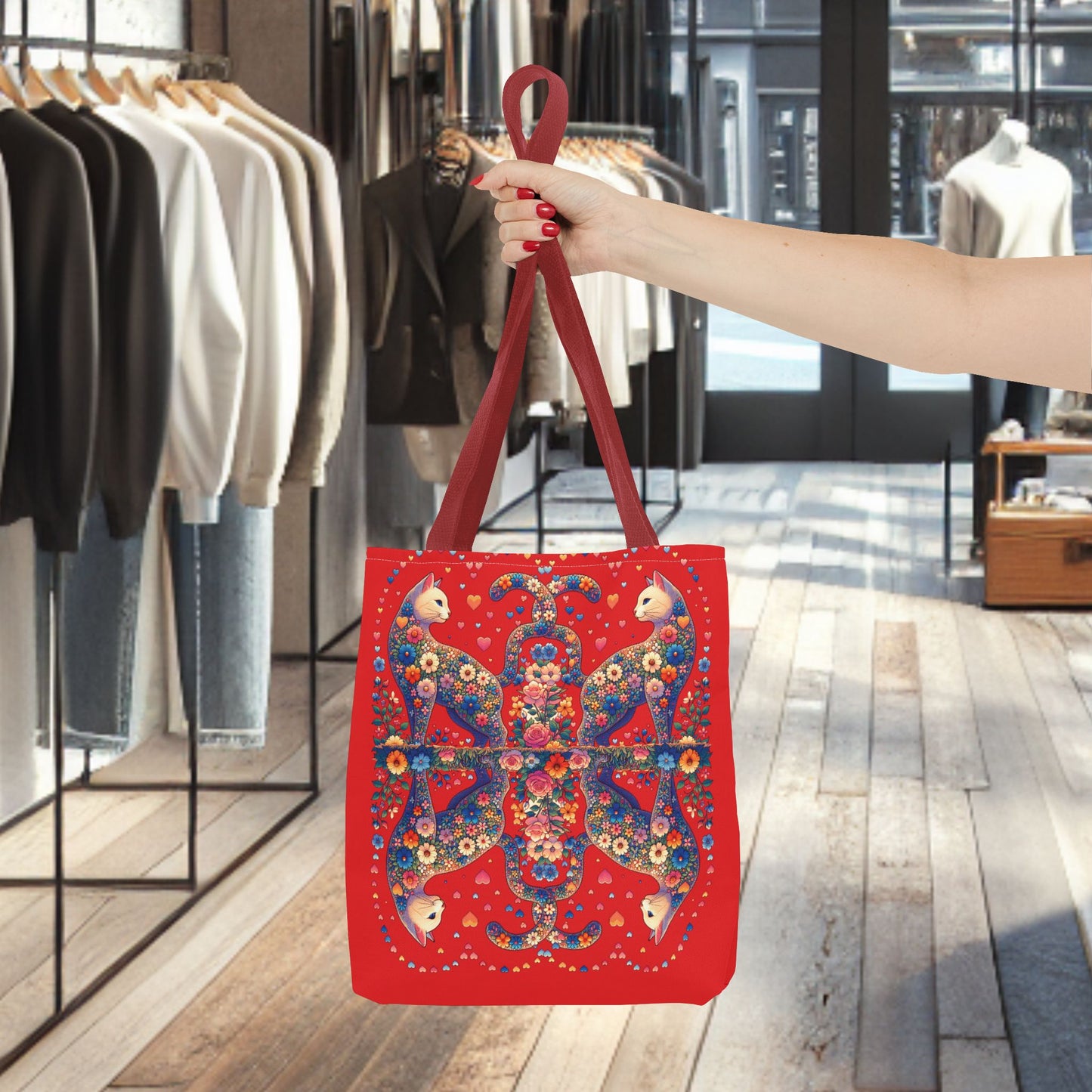 Mosaic Loving Cat Dark Red Tote Bag