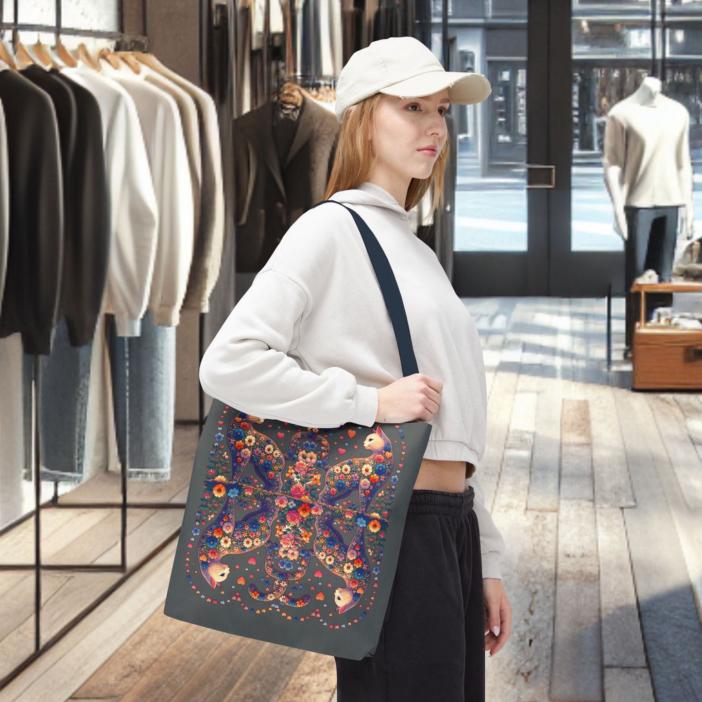 Mosaic Loving Cat Dark Gray Tote Bag (AOP)
