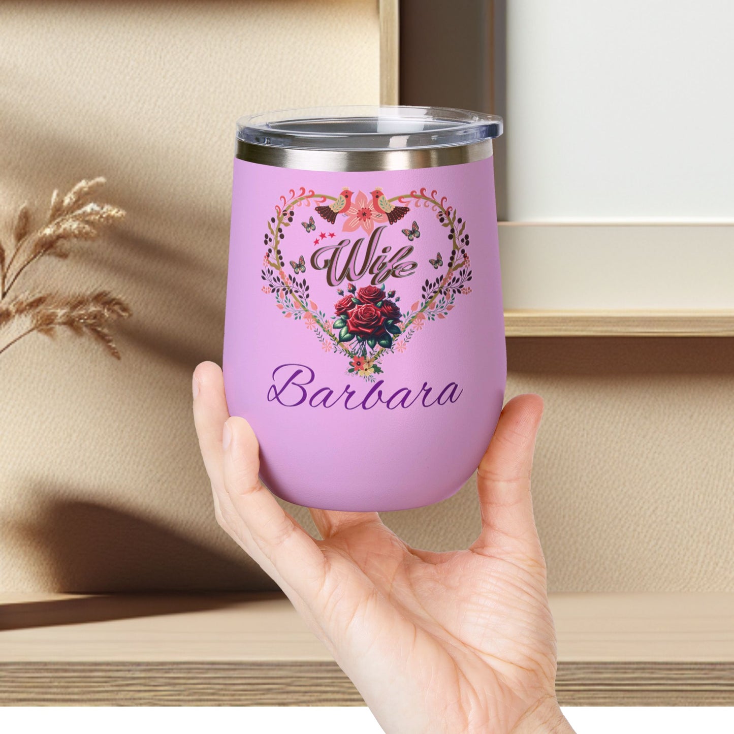 Personalized Wife’s Wine Tumbler - 12oz Floral Heart Design