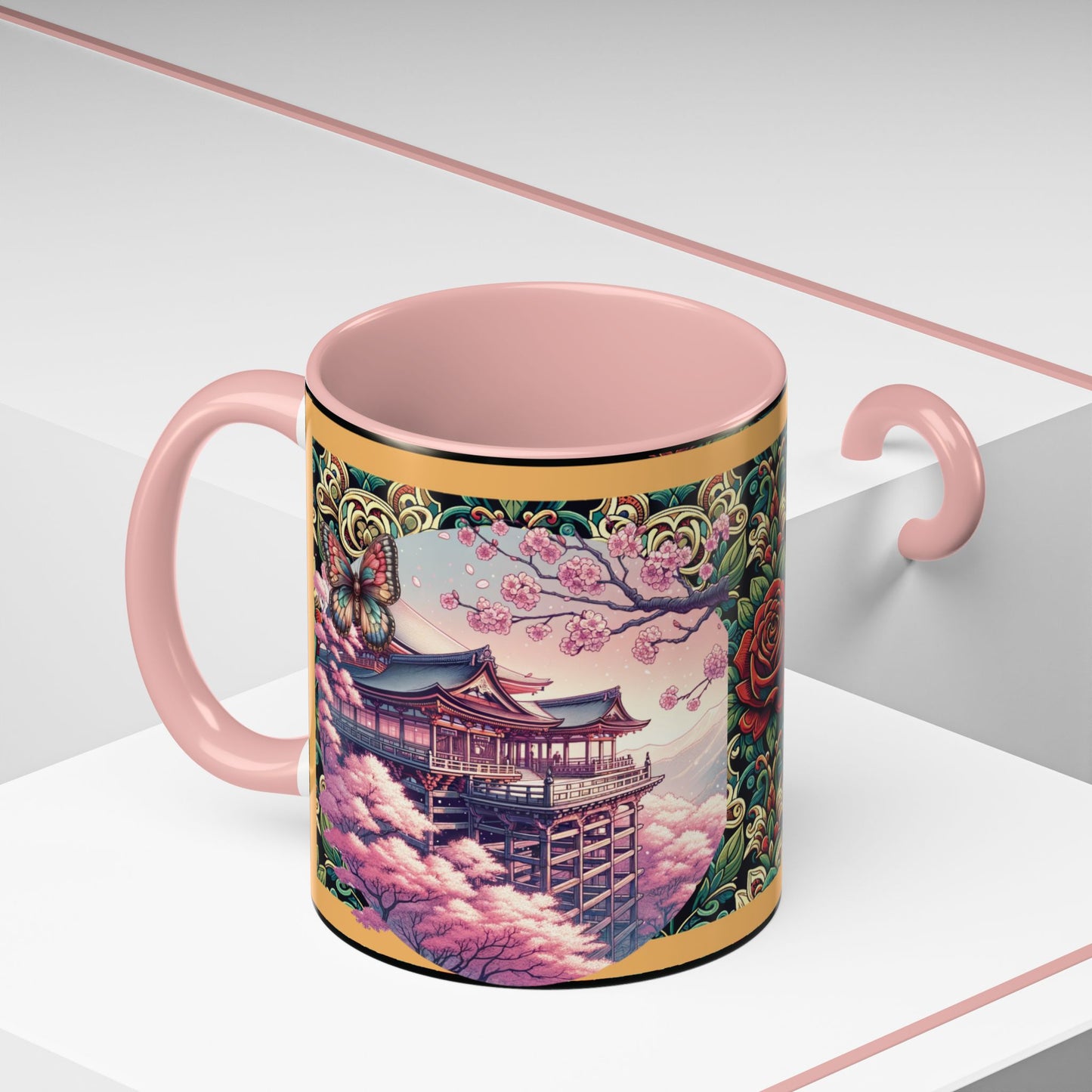 Mug - Sakura Butterfly Coffee Mug with Cherry Blossoms and a Rose