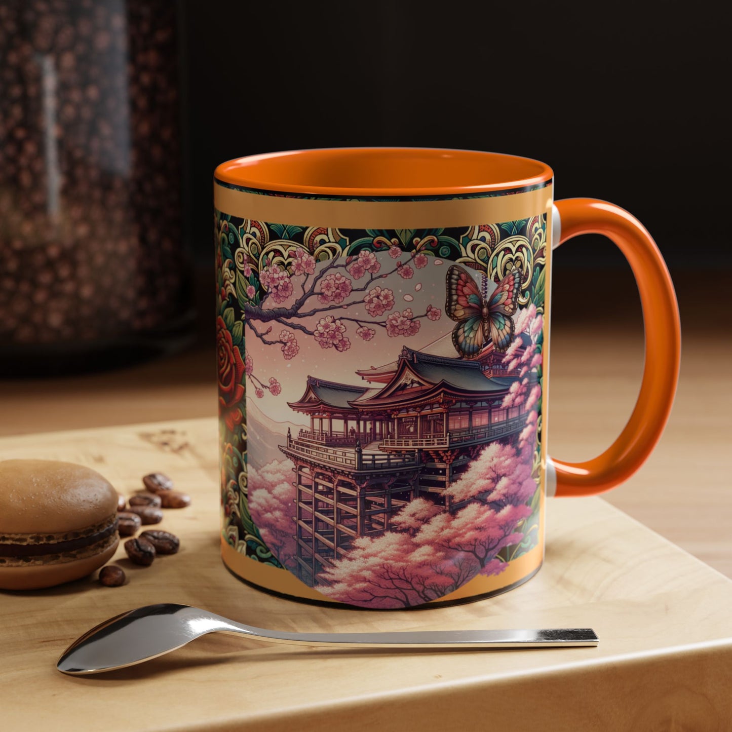 Mug - Sakura Butterfly Coffee Mug with Cherry Blossoms and a Rose