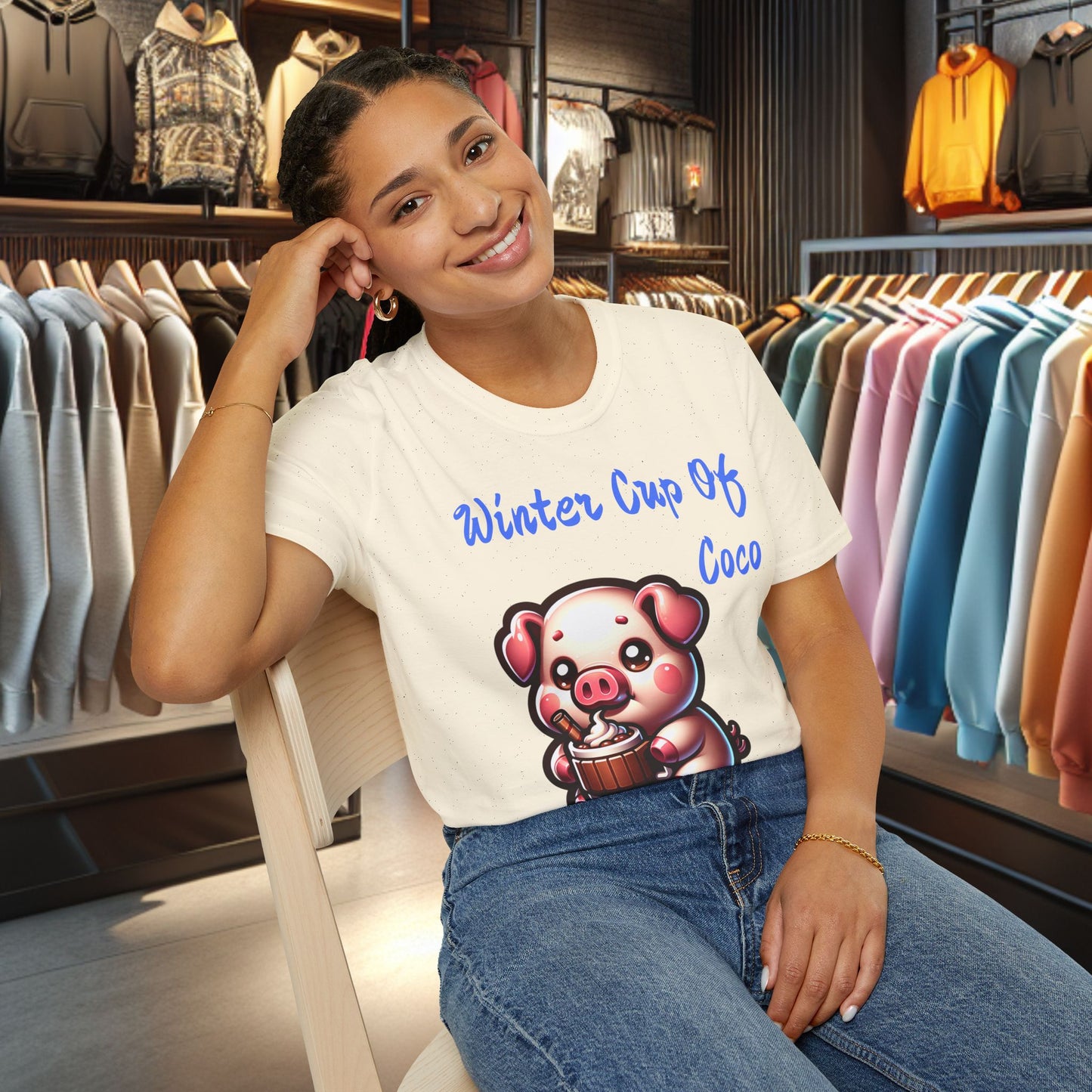 Pig Sipping on a Cup Of Coco Unisex T-Shirt - Winter Coco