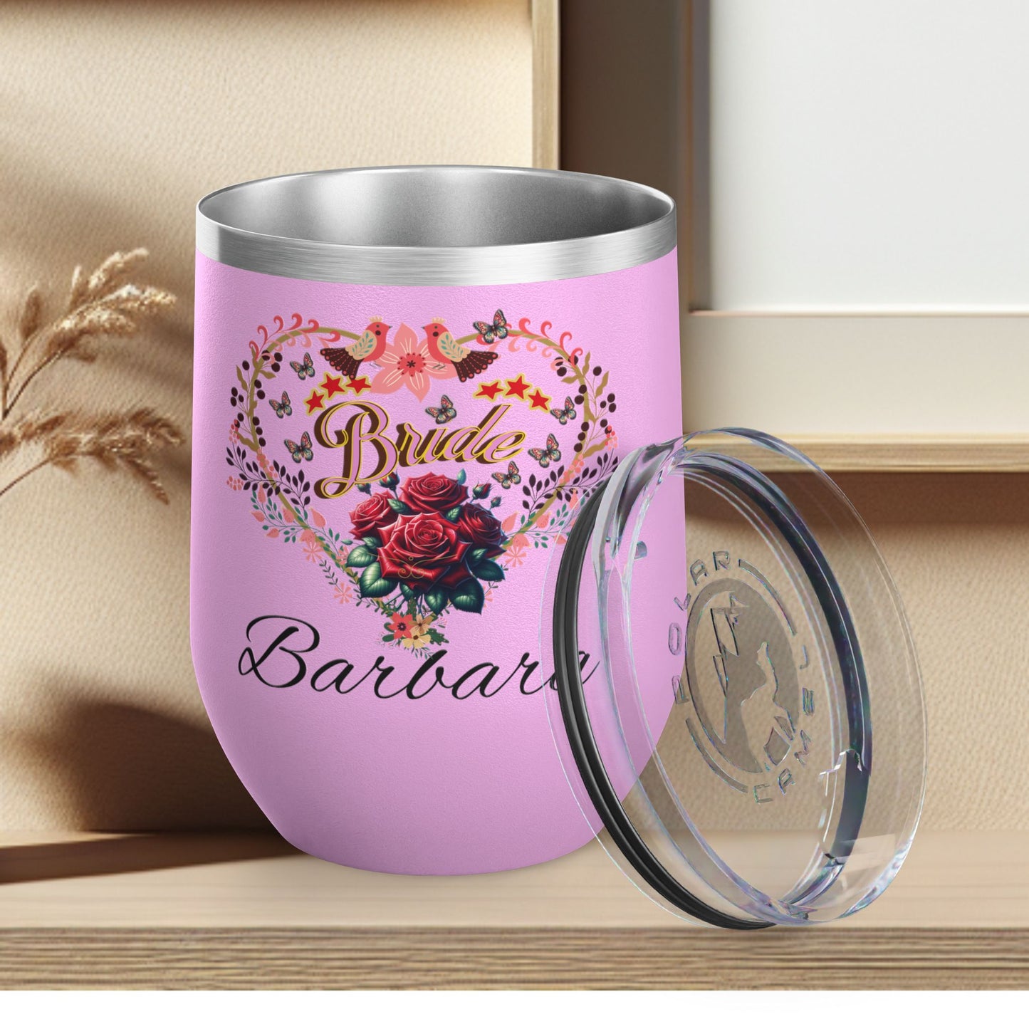 Personalized Bride's Heart Floral Wine 12oz Tumbler