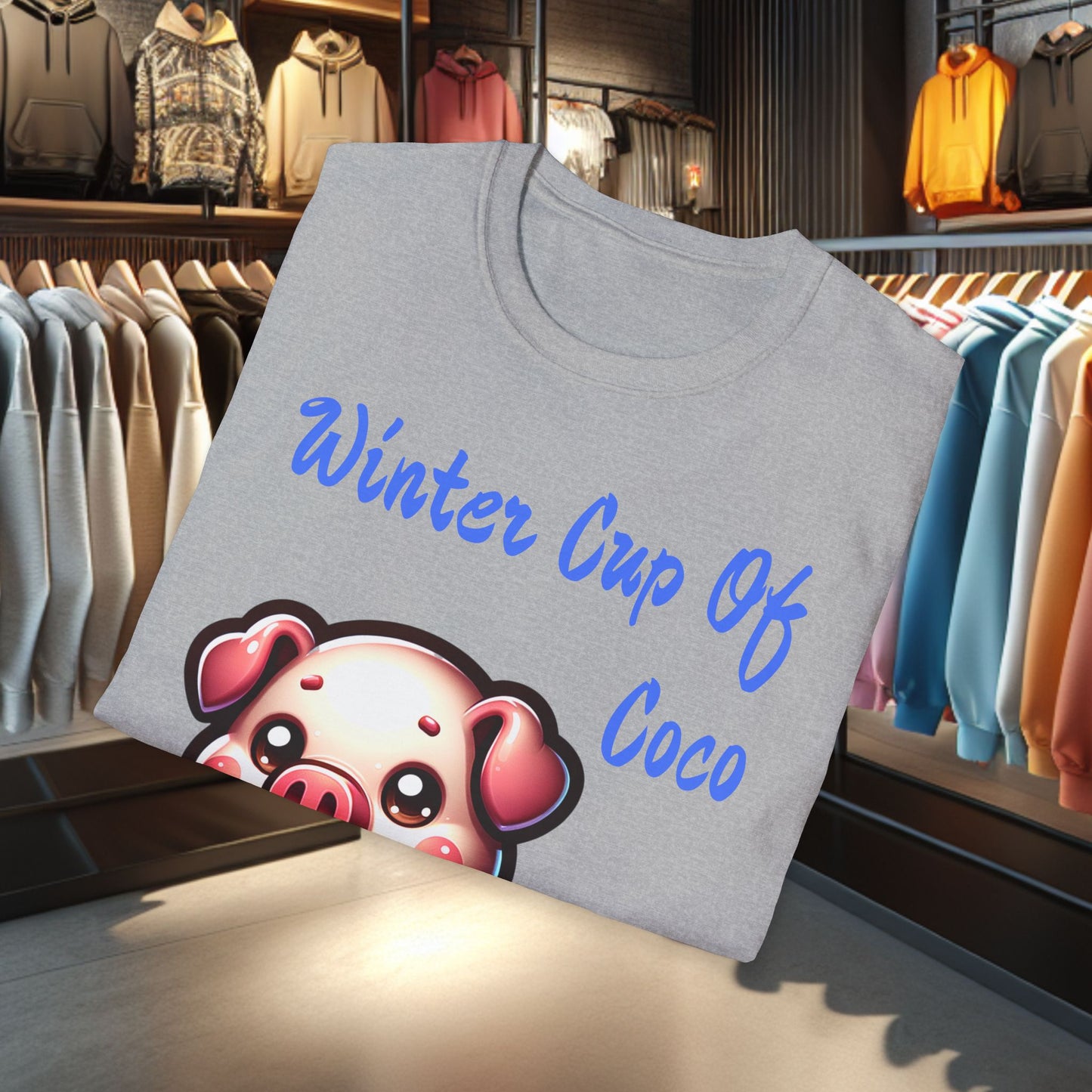 Pig Sipping on a Cup Of Coco Unisex T-Shirt - Winter Coco