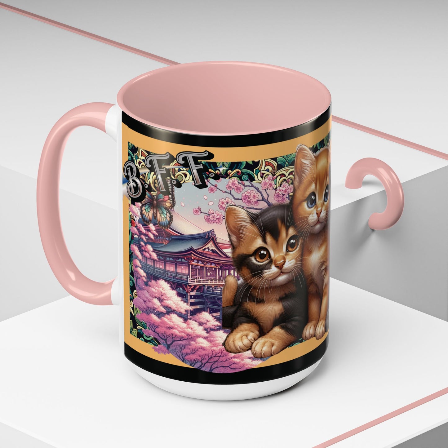 Mug - 3 B F F kittens and Butterflies Coffee Mug with Cherry Blossoms