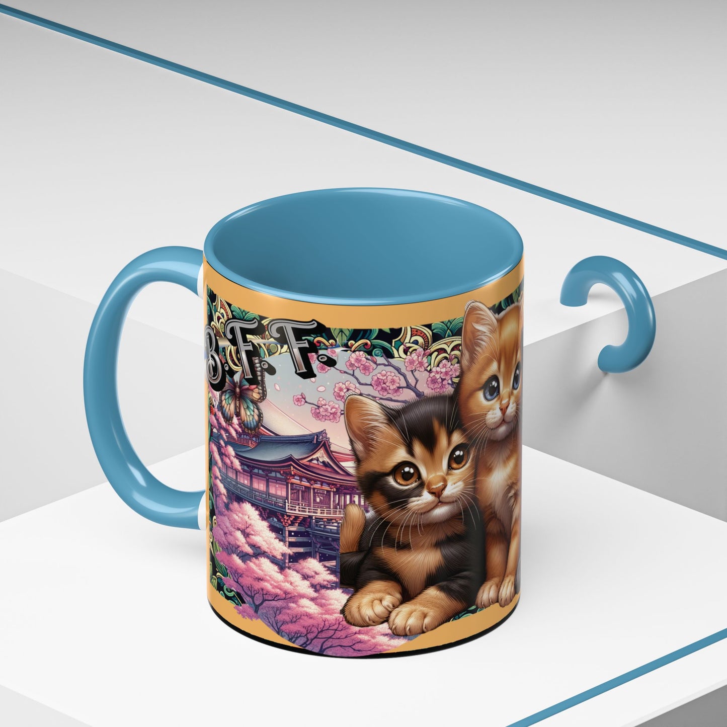 Mug - 3 B F F kittens and Butterflies Coffee Mug with Cherry Blossoms