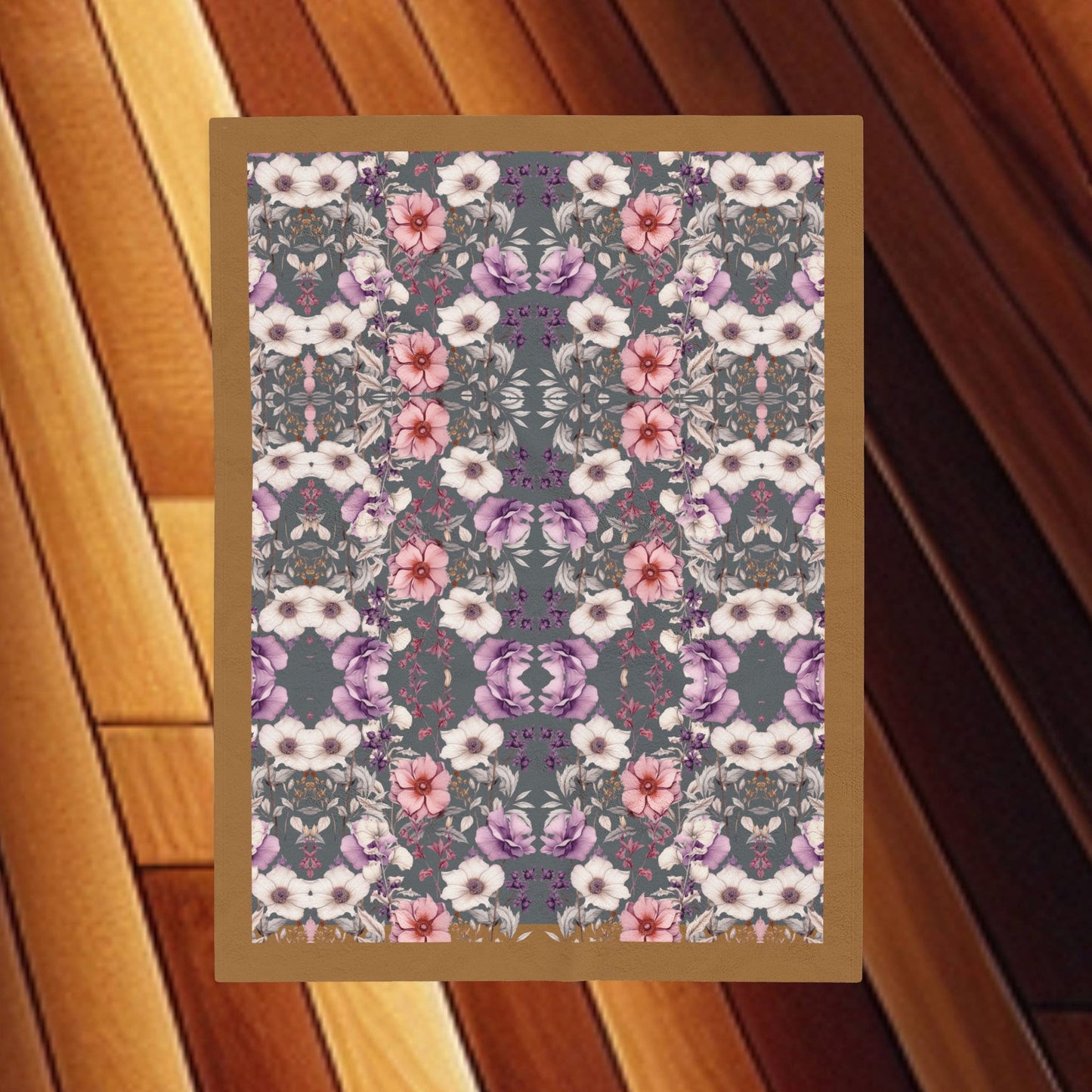 Floral Velveteen Blanket - with a Gray Background and a Gold Border