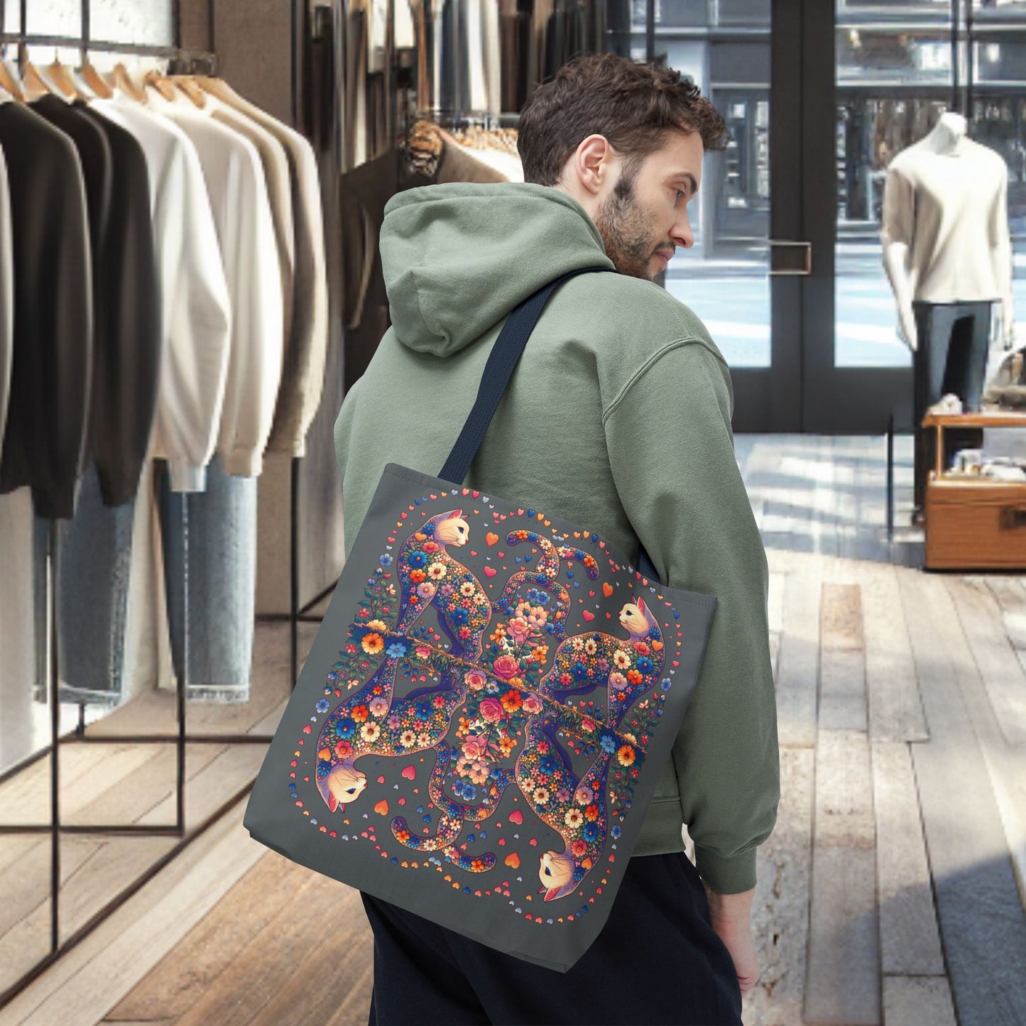 Mosaic Loving Cat Dark Gray Tote Bag (AOP)