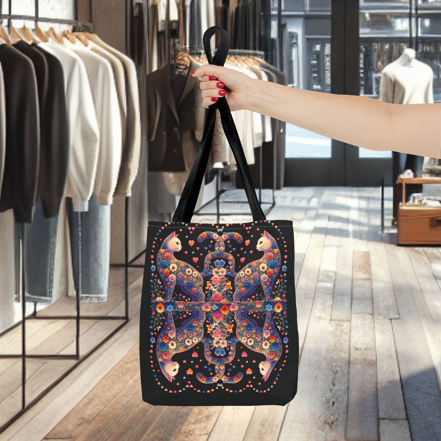 Mosaic Loving Cat Black Tote Bag (AOP)
