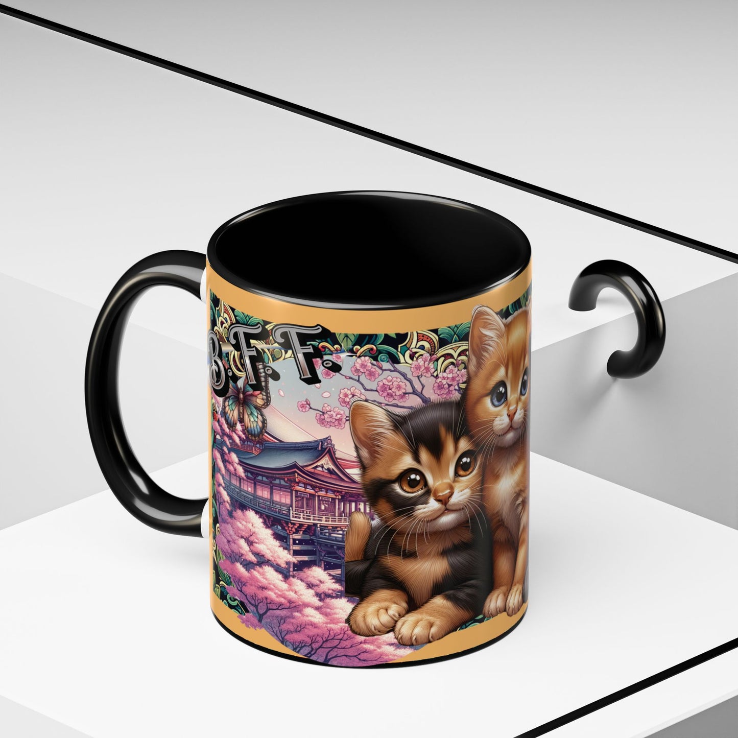 Mug - 3 B F F kittens and Butterflies Coffee Mug with Cherry Blossoms