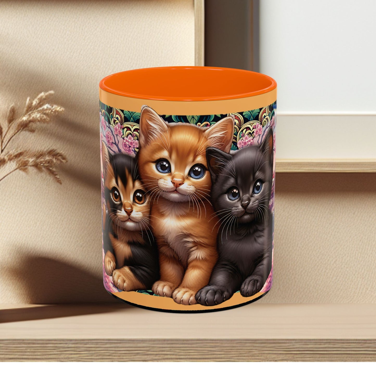 Mug - 3 B F F kittens and Butterflies Coffee Mug with Cherry Blossoms