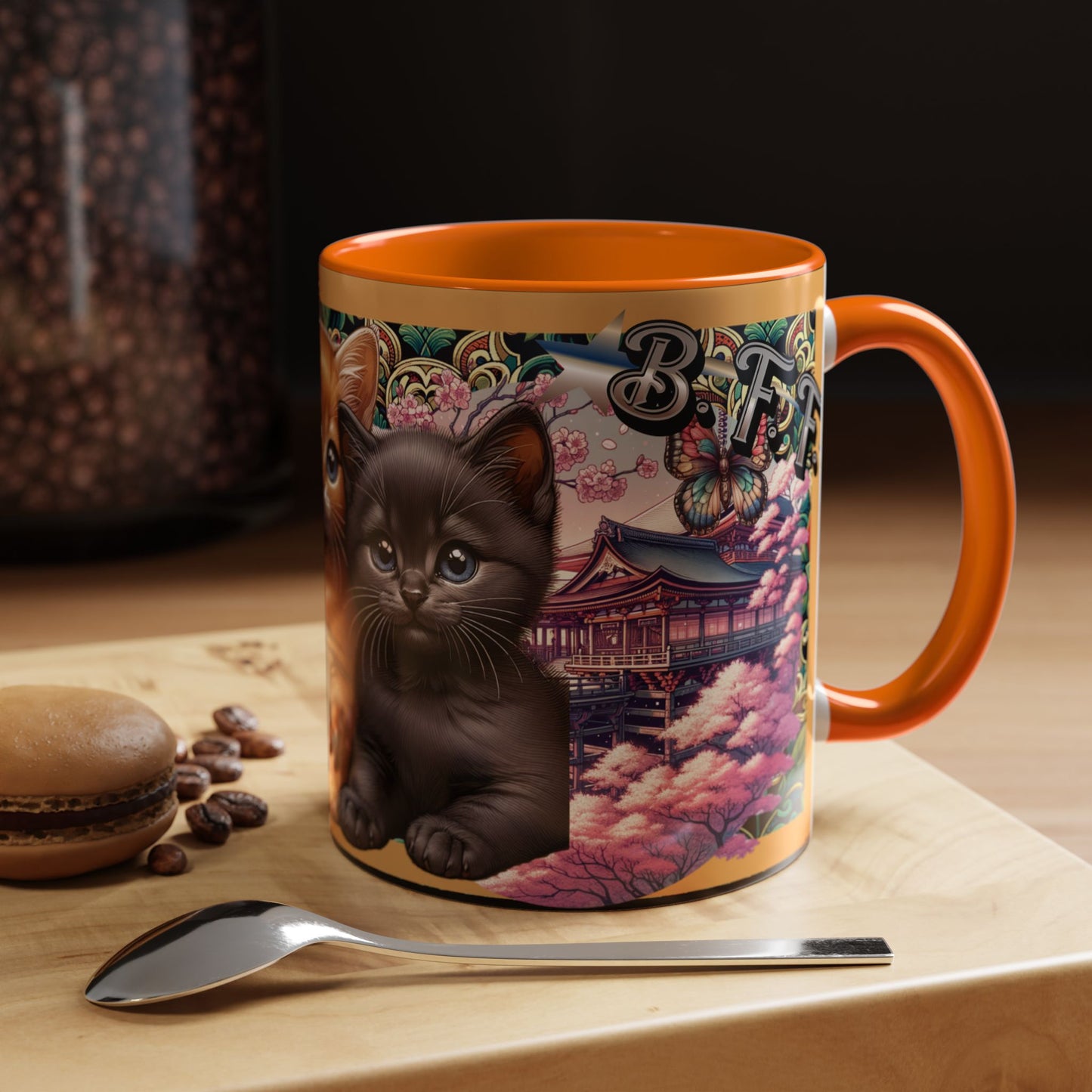 Mug - 3 B F F kittens and Butterflies Coffee Mug with Cherry Blossoms