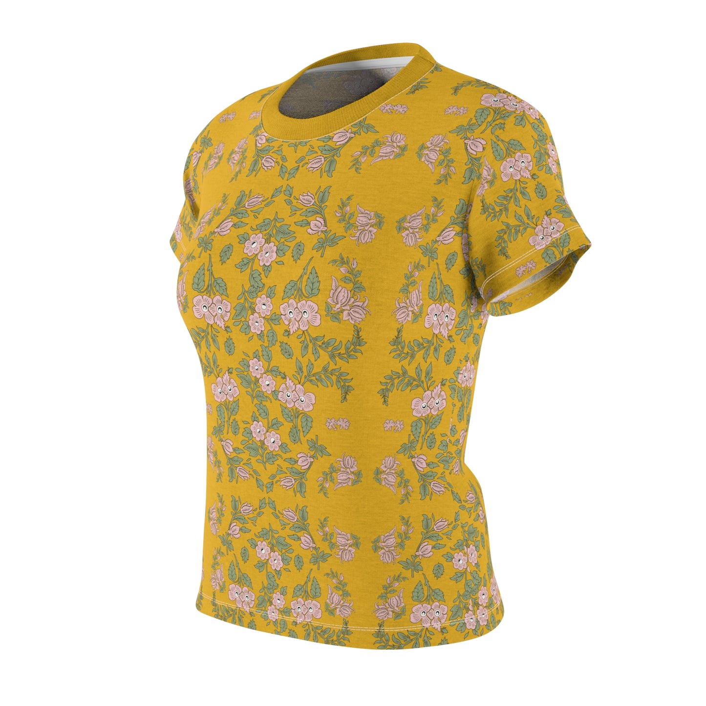 Women's Tee - Yellow with a pink floral print