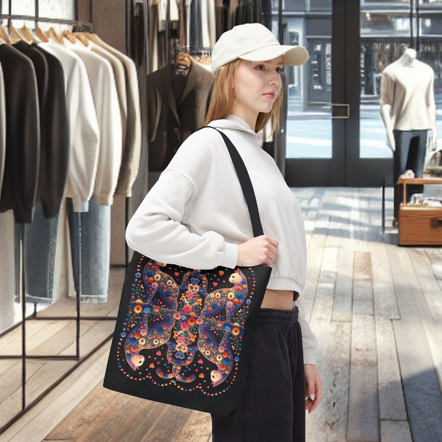 Mosaic Loving Cat Black Tote Bag (AOP)