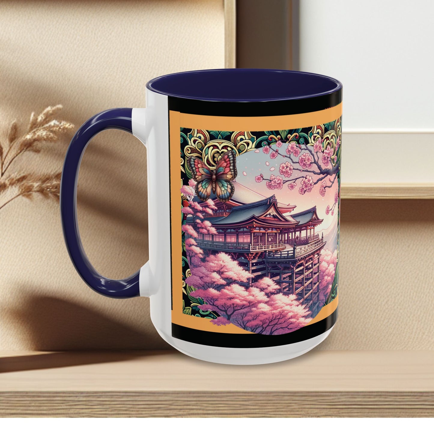 Mug - Sakura Butterfly Coffee Mug with Cherry Blossoms and a Rose