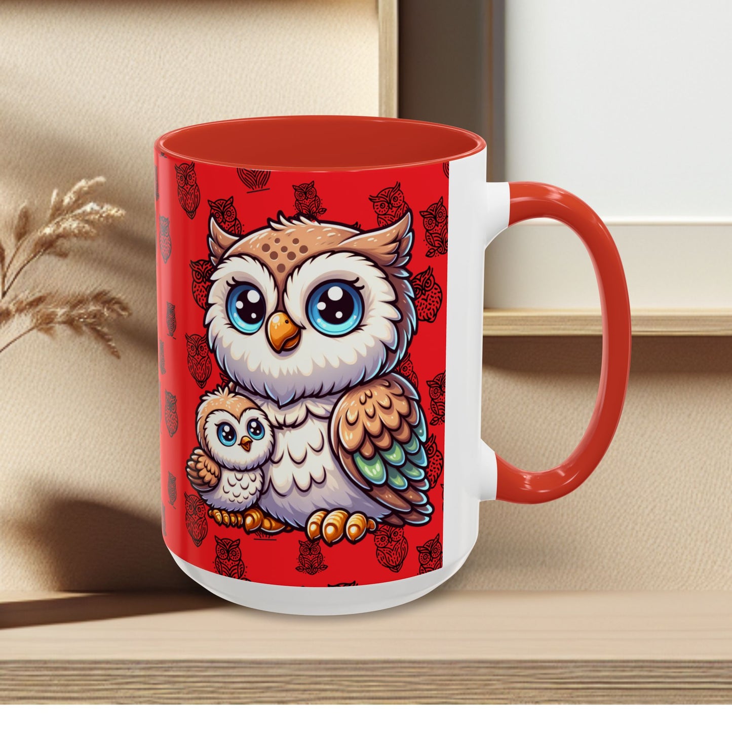 Red Coffee Mug - Owl Family - Colorful Inspirational Owl Design