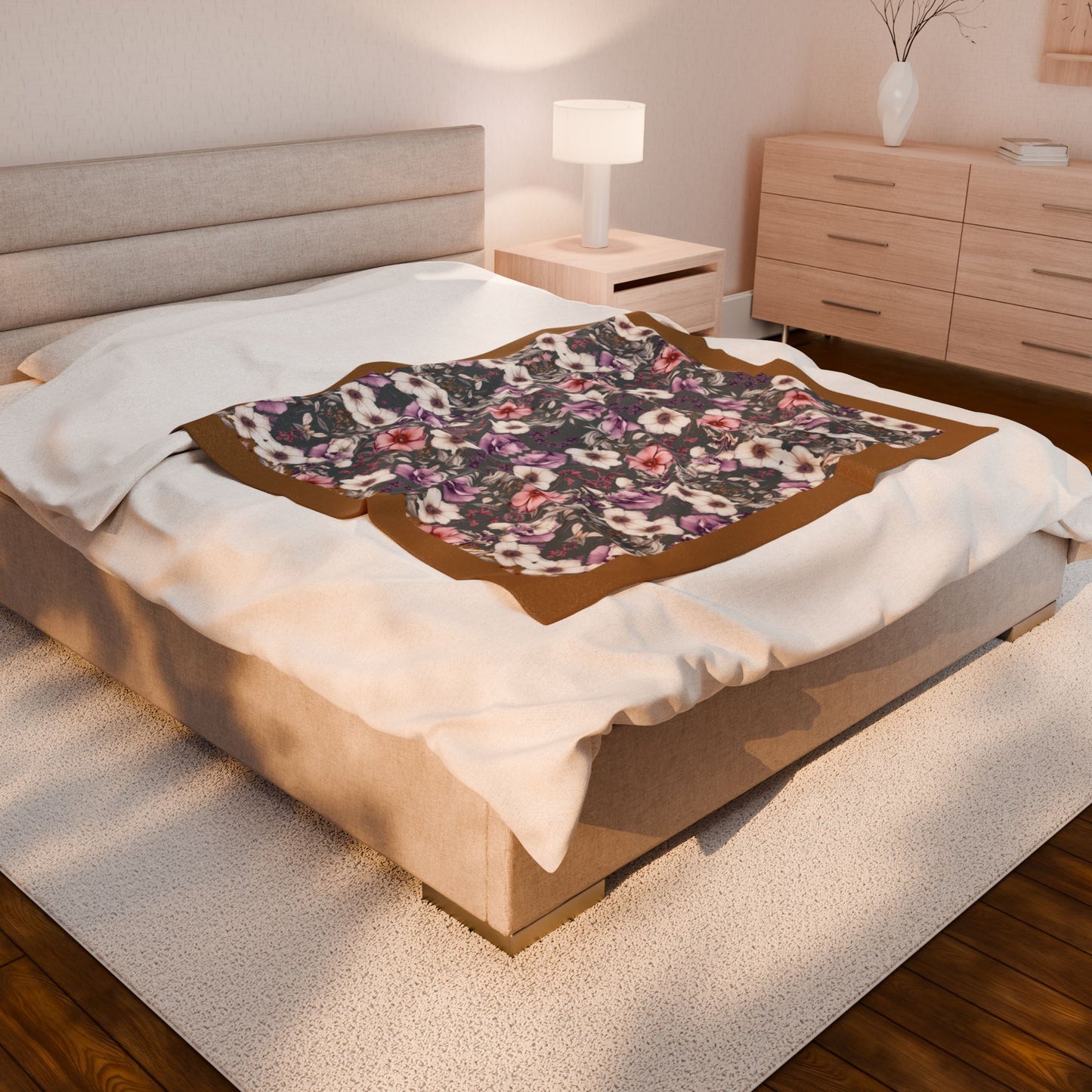 Floral Velveteen Blanket - with a Gray Background and a Gold Border