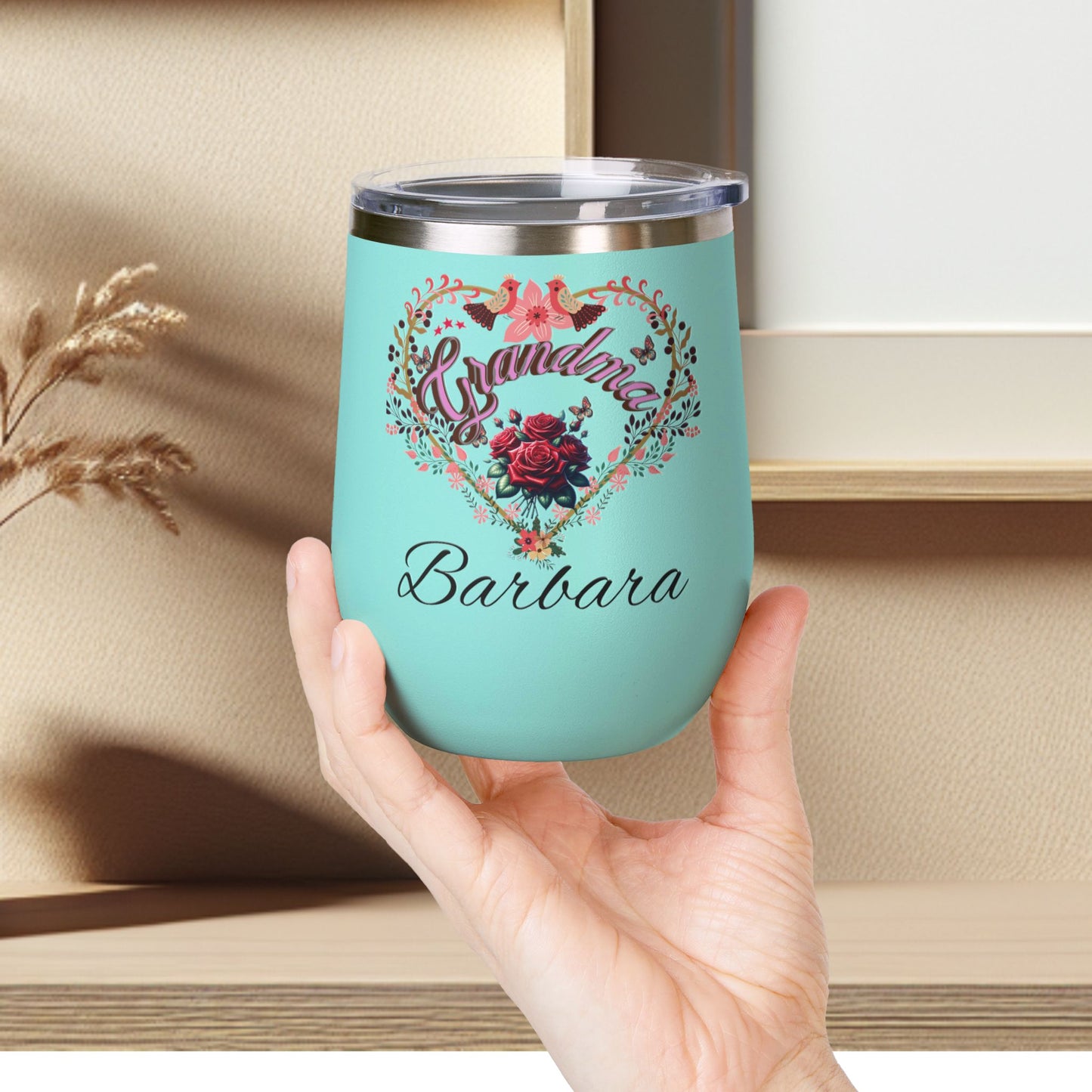 Personalized Grandma’s Wine Tumbler - 12oz Floral Heart Design