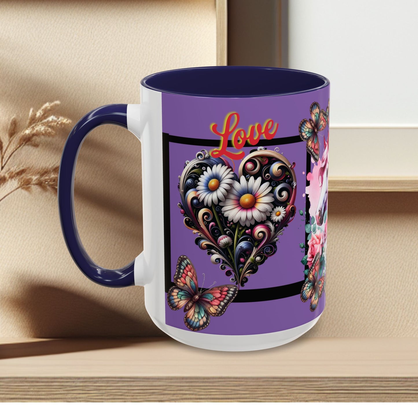 Love Coffee Mug - Vibrant Heart & Horse- Design, 11oz & 15oz
