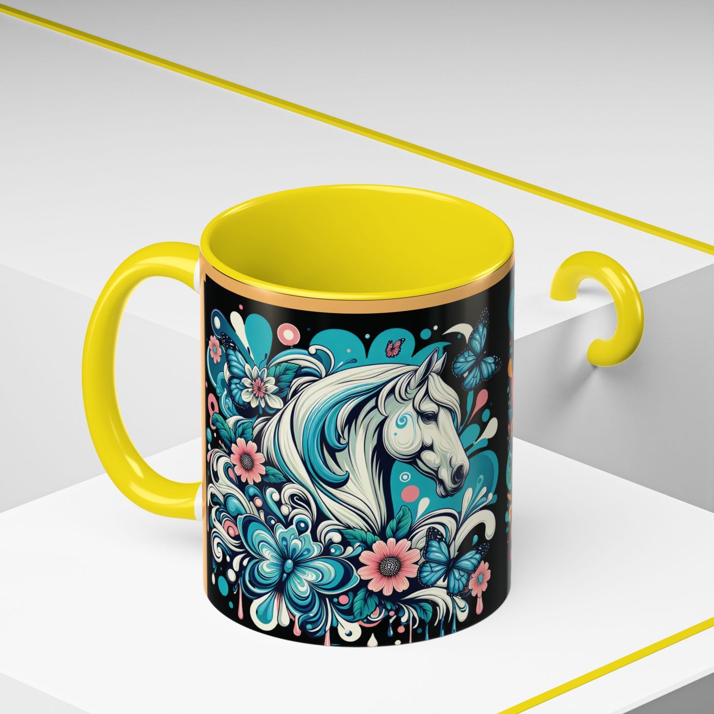 Coffee Mug White Horses with Blue Highlights in Flowers - Mug
