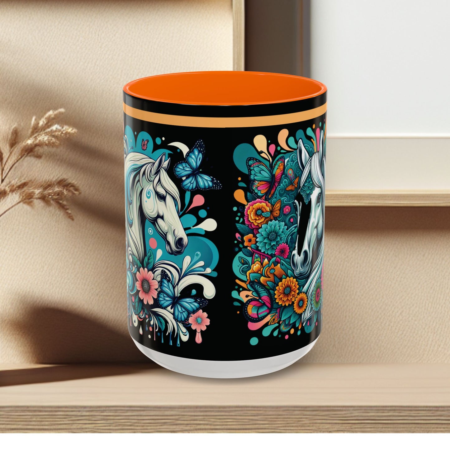Coffee Mug White Horses with Blue Highlights in Flowers - Mug