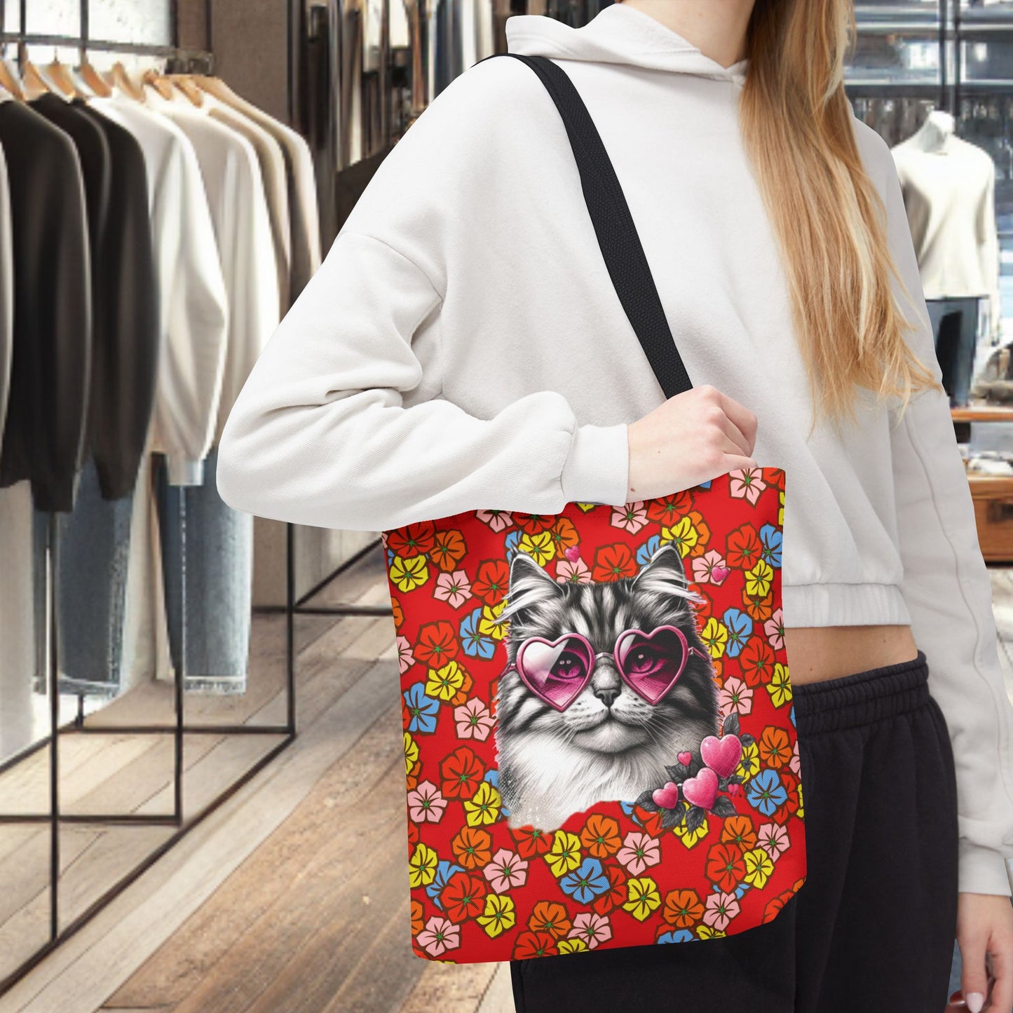 Kitty Ride Tote Bag with Flowered Red Design