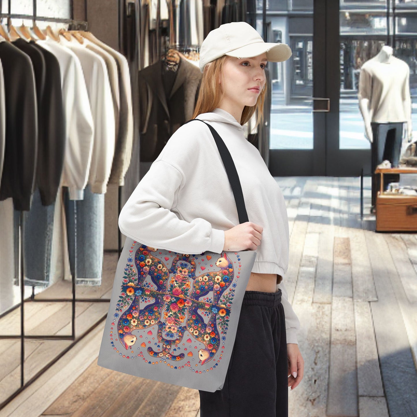 Mosaic Loving Cat Light Gray Tote Bag (AOP)