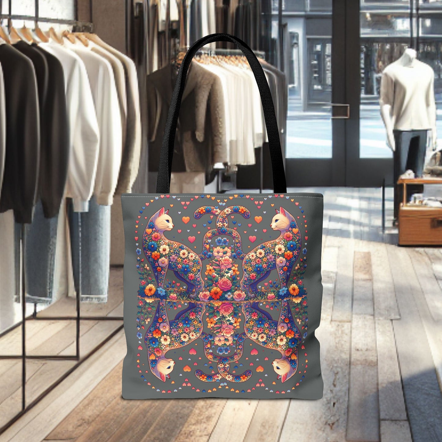 Mosaic Loving Cat Dark Gray Tote Bag (AOP)