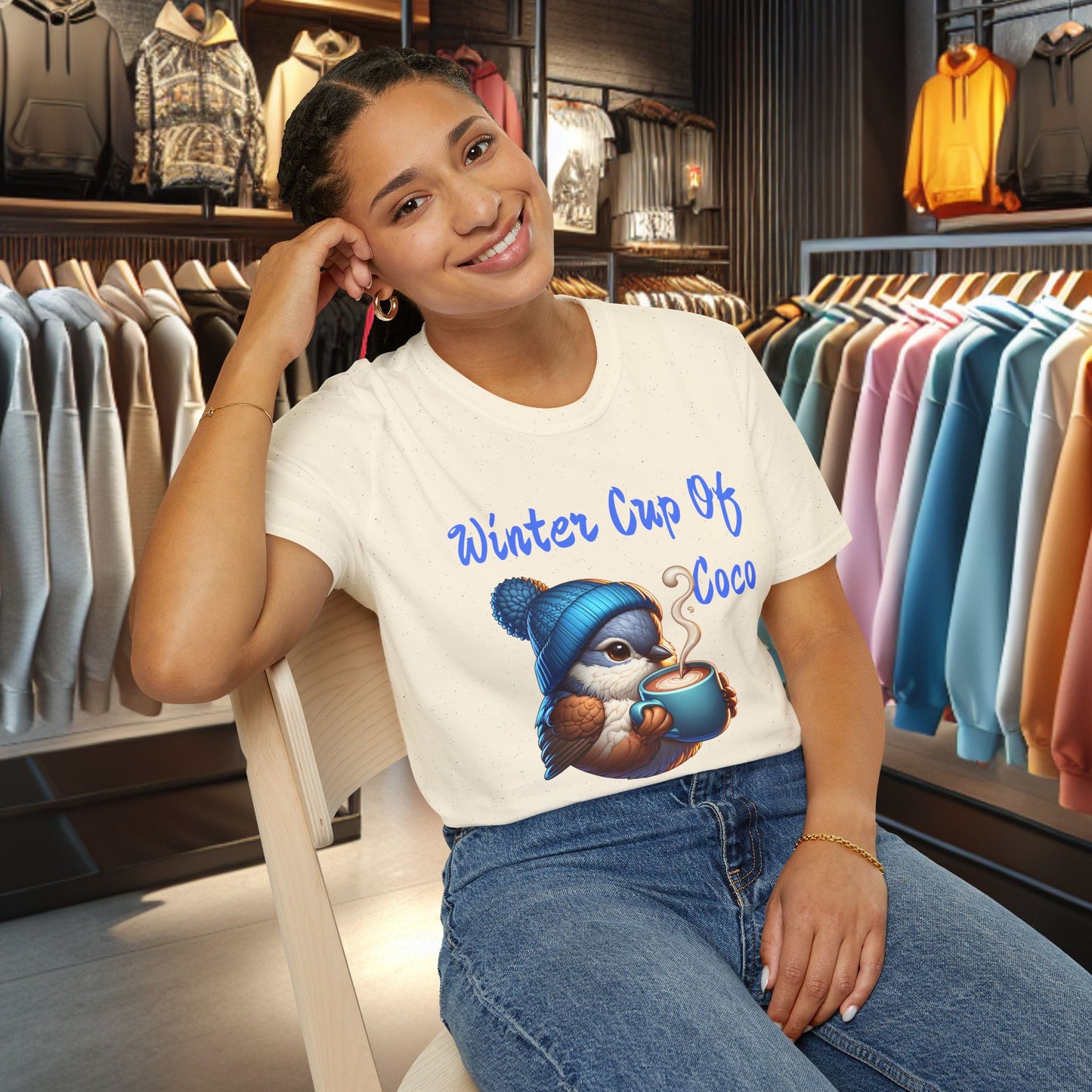 Blue Bird With a Cup Of Coco Unisex T-Shirt - Winter Coco