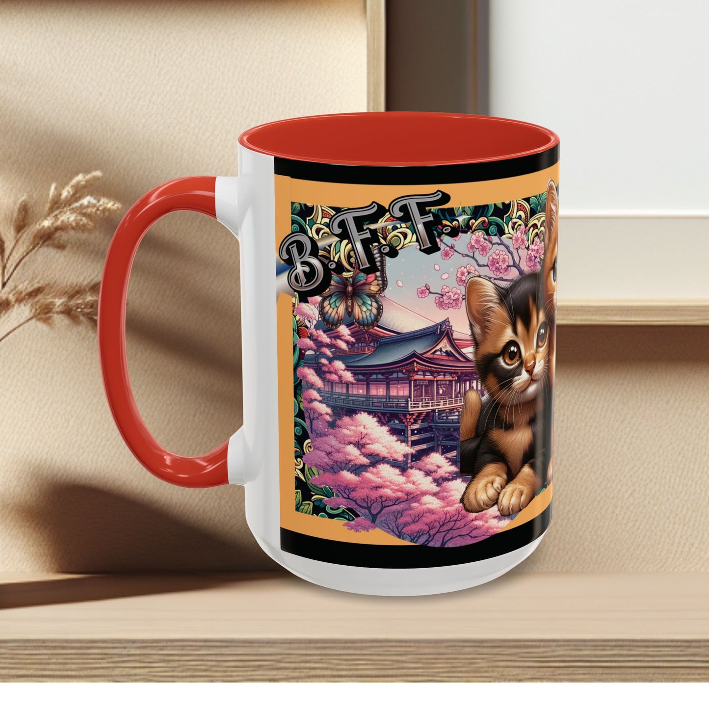 Mug - 3 B F F kittens and Butterflies Coffee Mug with Cherry Blossoms