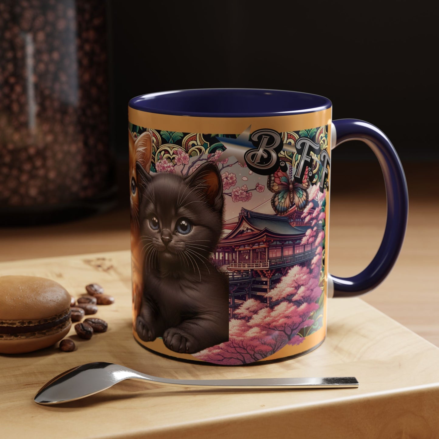 Mug - 3 B F F kittens and Butterflies Coffee Mug with Cherry Blossoms