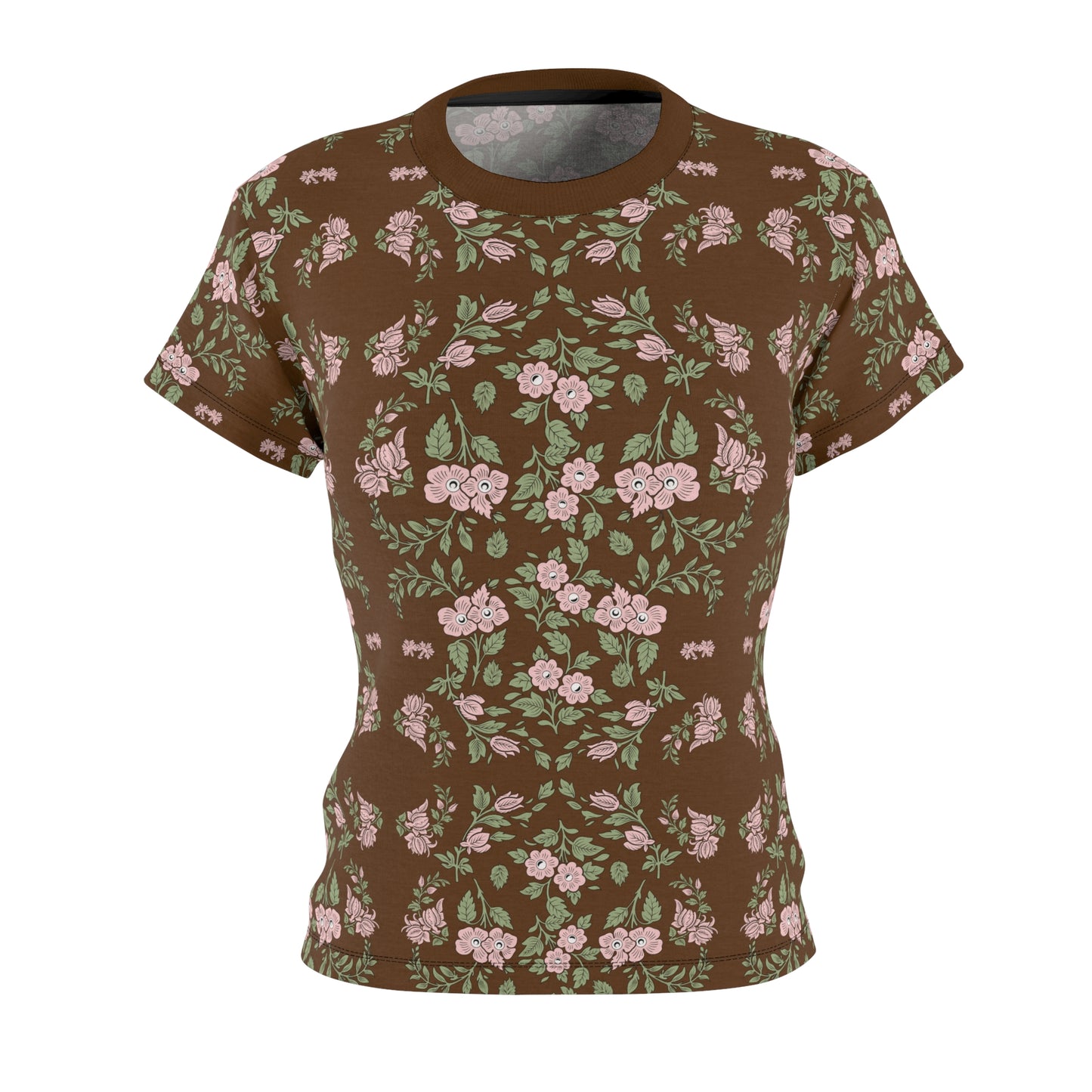 Women's Tee - Brown with a pink floral print