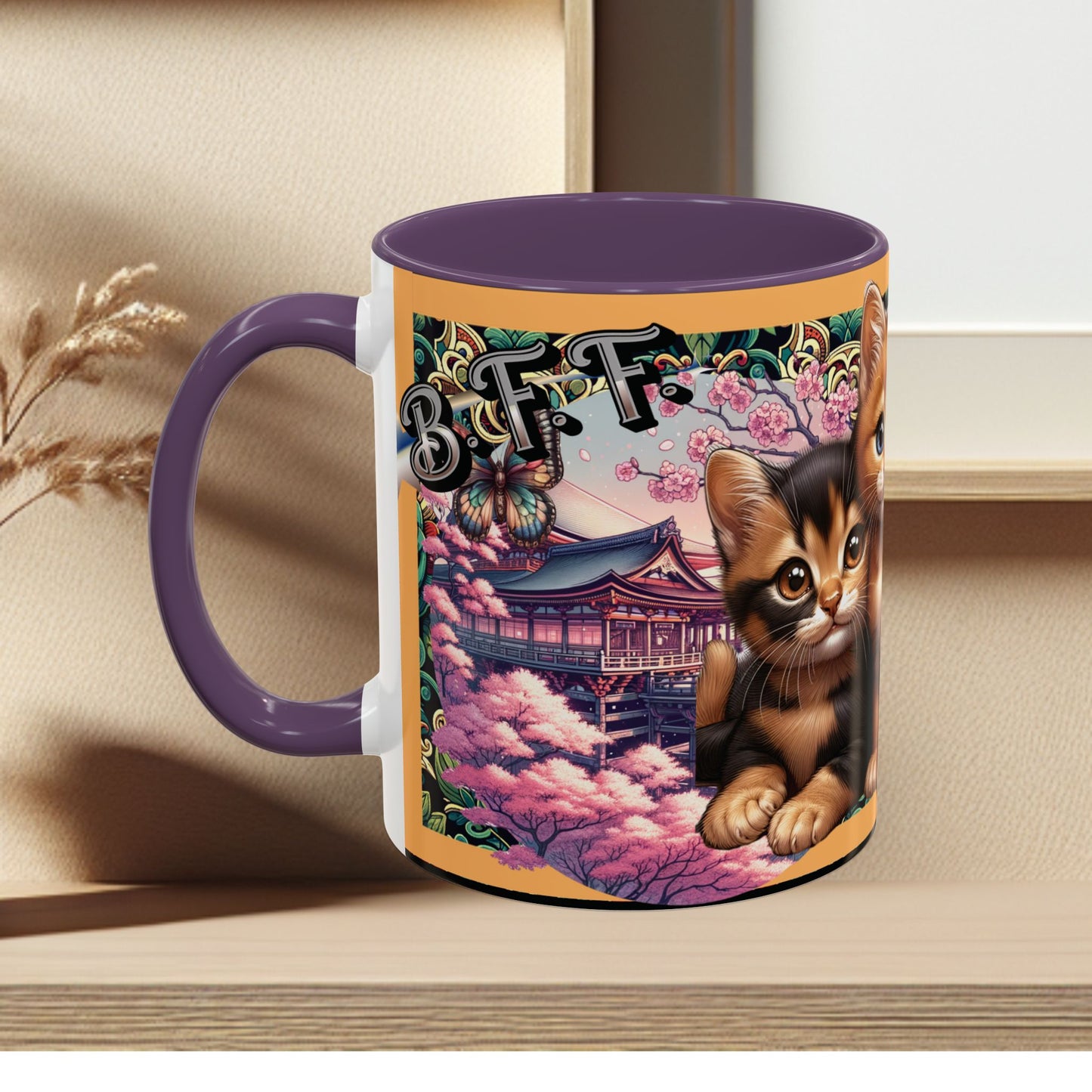 Mug - 3 B F F kittens and Butterflies Coffee Mug with Cherry Blossoms
