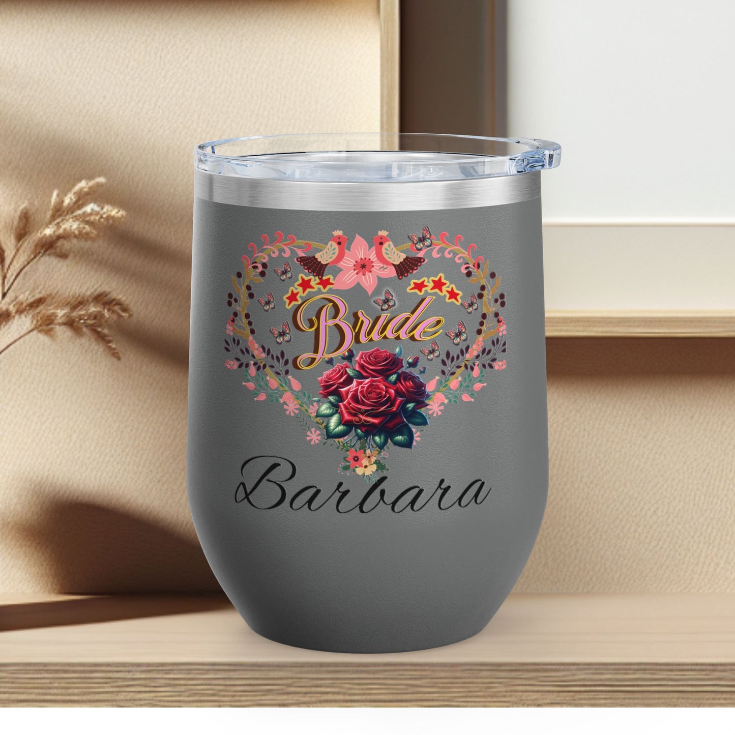 Personalized Bride's Heart Floral Wine 12oz Tumbler