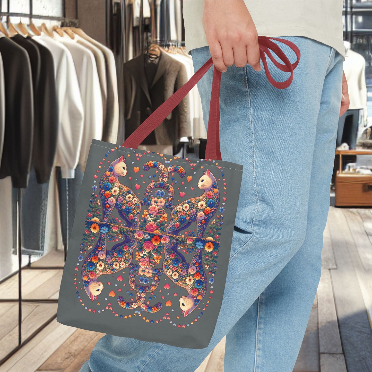 Mosaic Loving Cat Dark Gray Tote Bag (AOP)