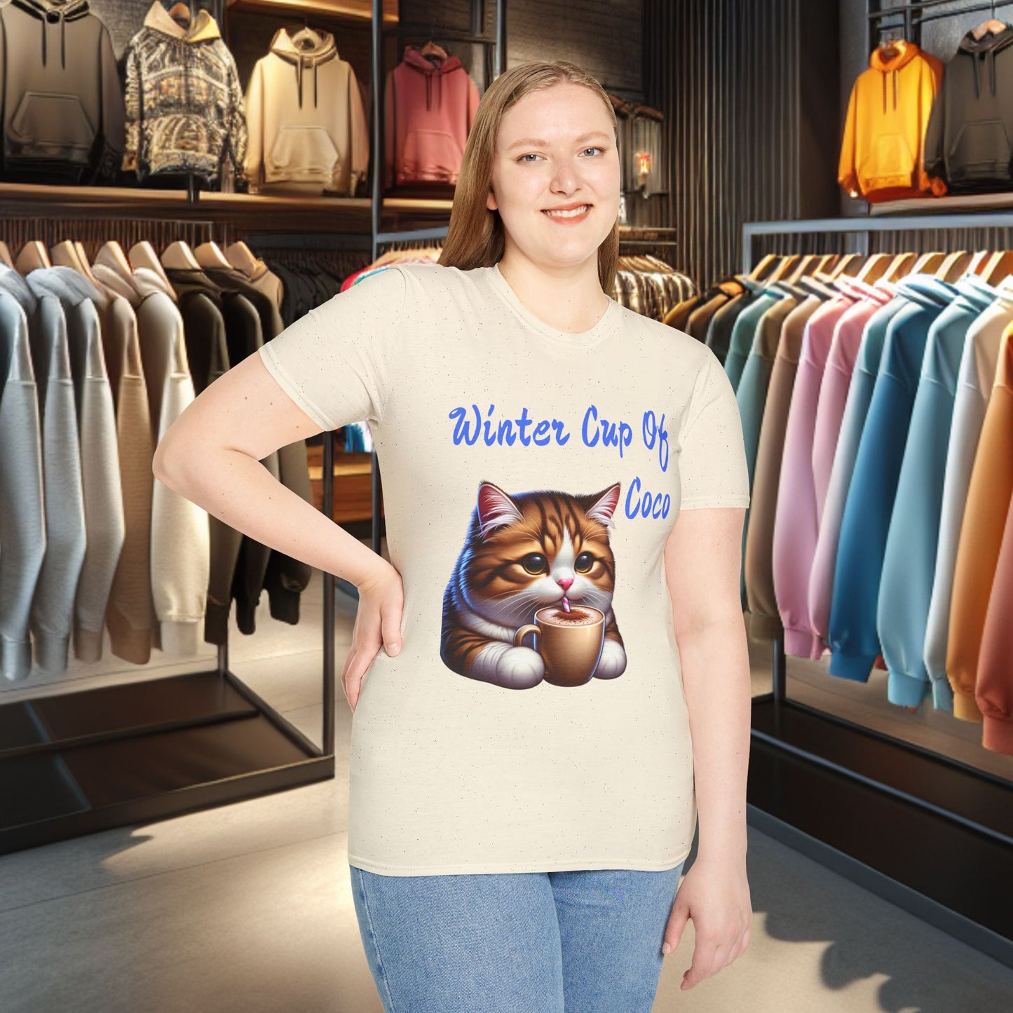 a Cat Sipping on a Cup Of Coco Unisex T-Shirt - Winter Coco