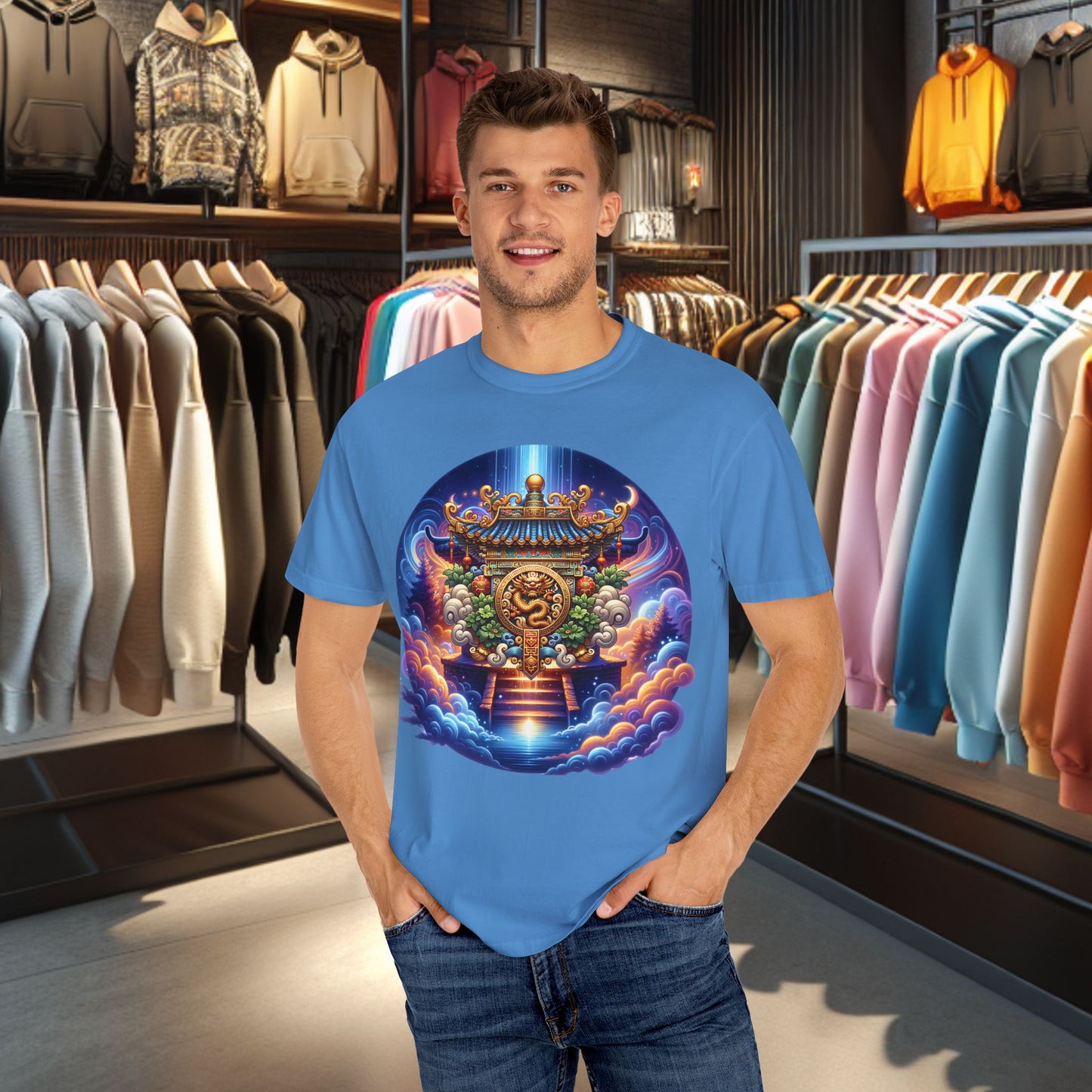 A Vibrant Mistic Temple Design -Unisex Garment-Dyed T-Shirt Perfect for Festivals & Everyday Wear