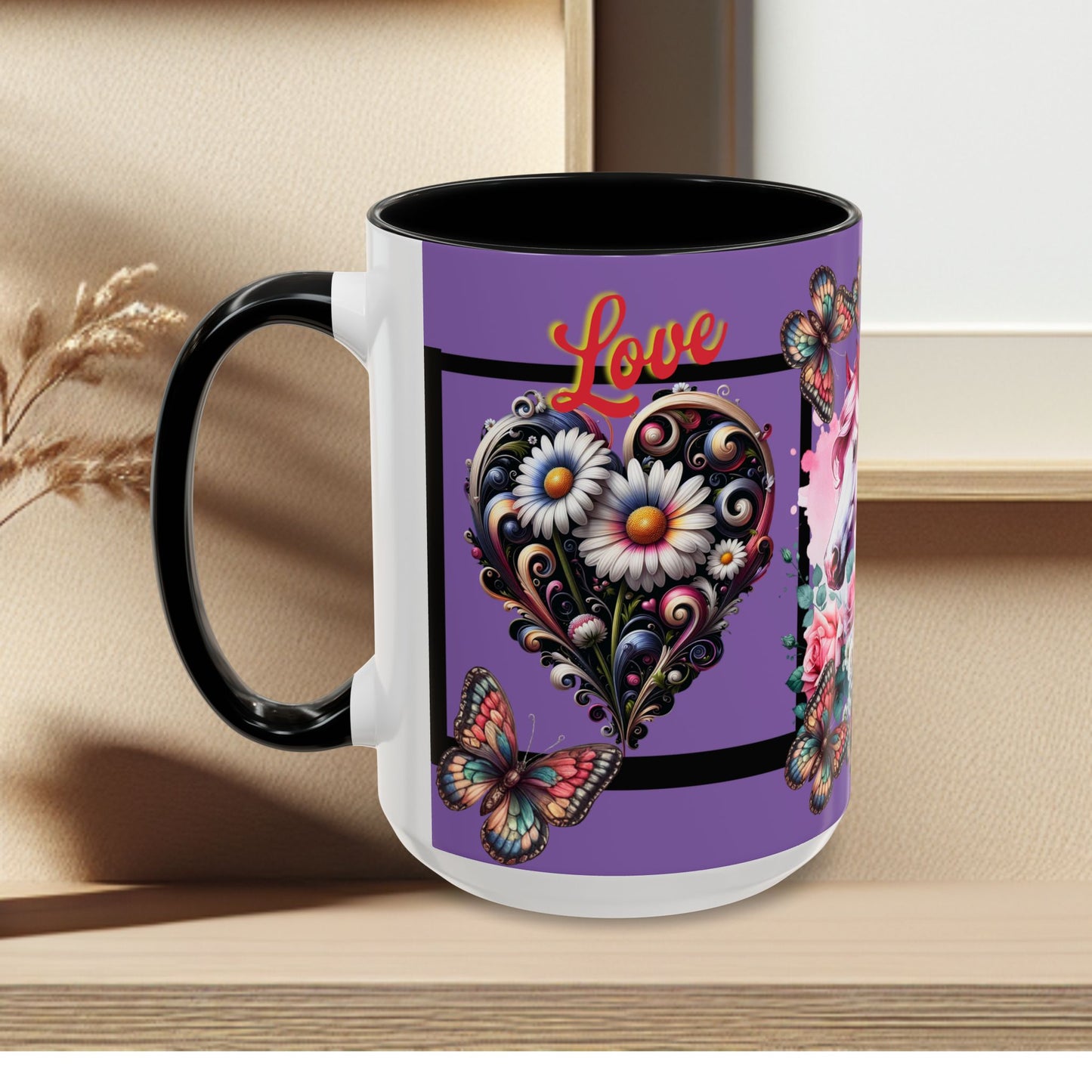 Love Coffee Mug - Vibrant Heart & Horse- Design, 11oz & 15oz