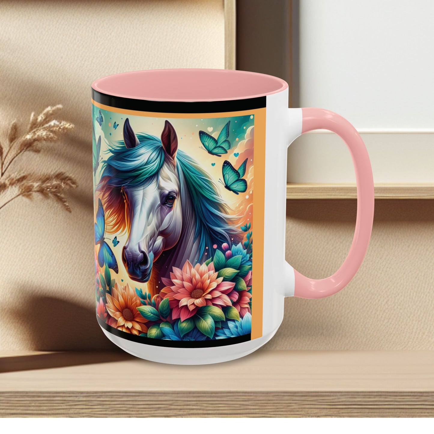 Coffee Mug Horses, Flowers, and Butterflies Mug