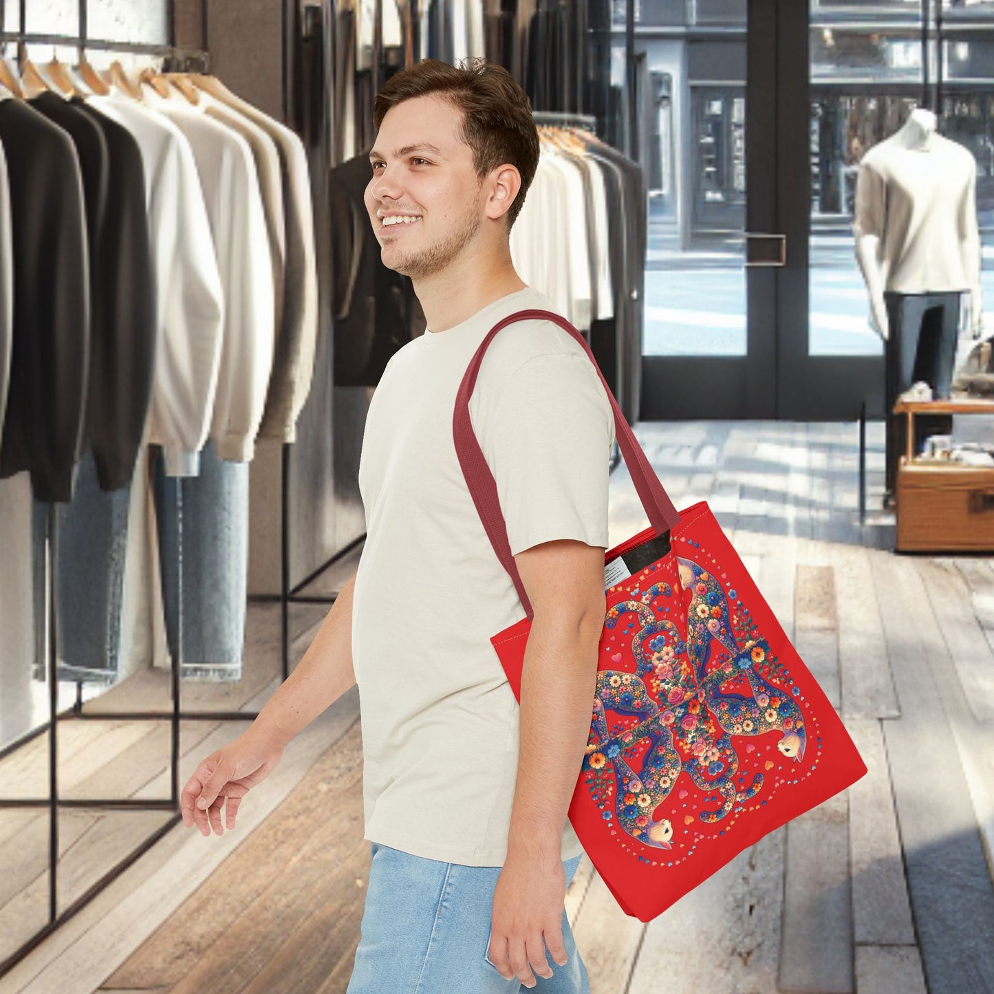 Loving Cat Flower Mozaic Tote Bag Dark Red