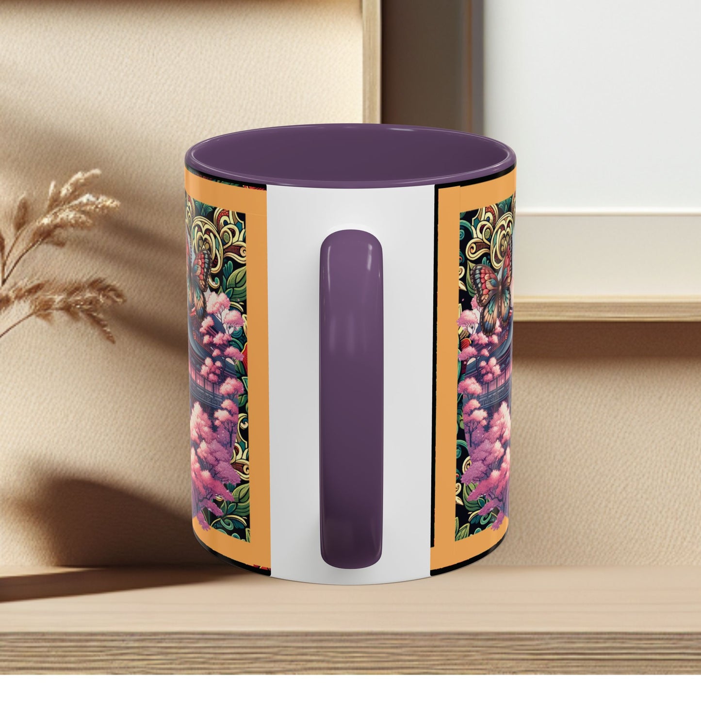 Mug - Sakura Butterfly Coffee Mug with Cherry Blossoms and a Rose