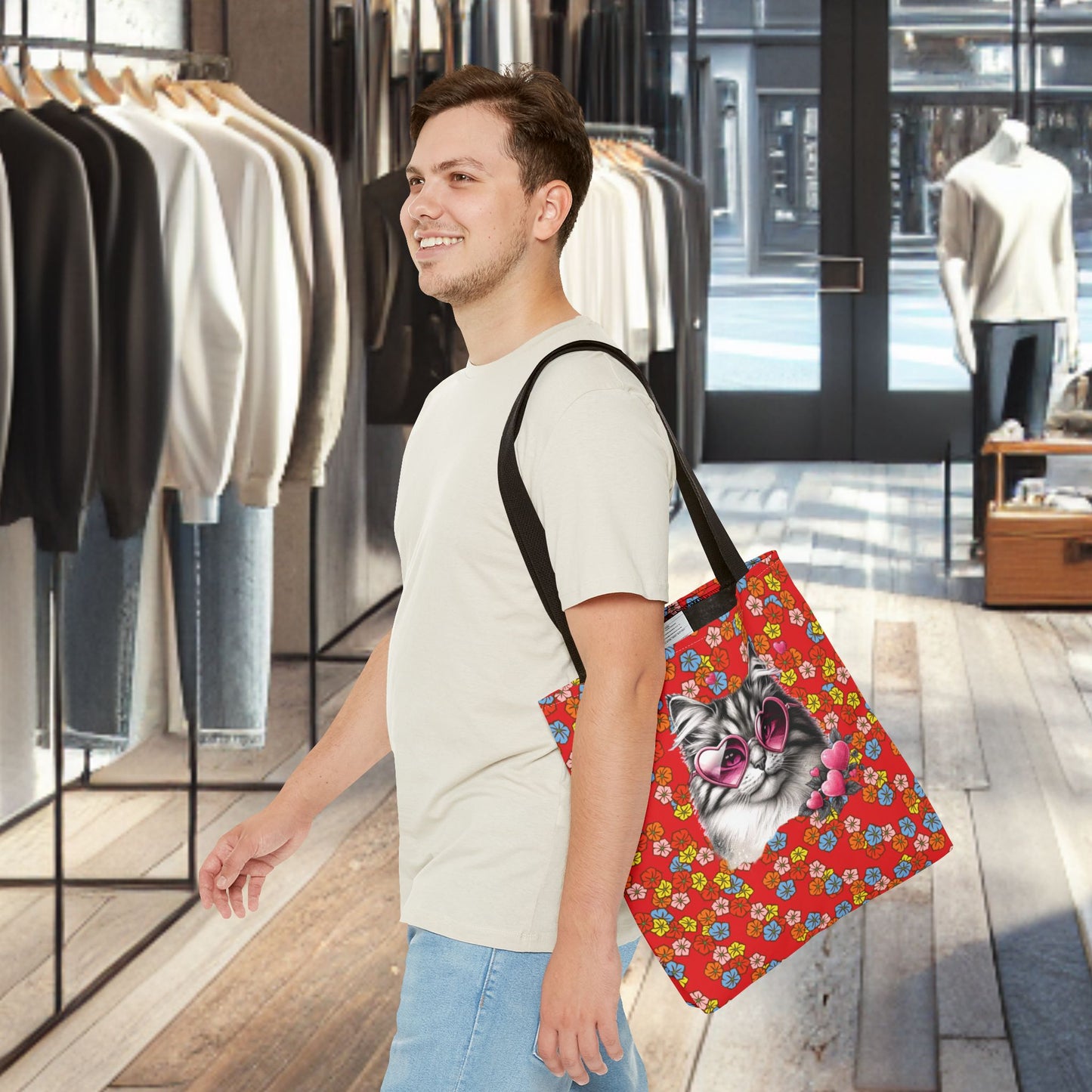 Kitty Ride Tote Bag with Flowered Red Design