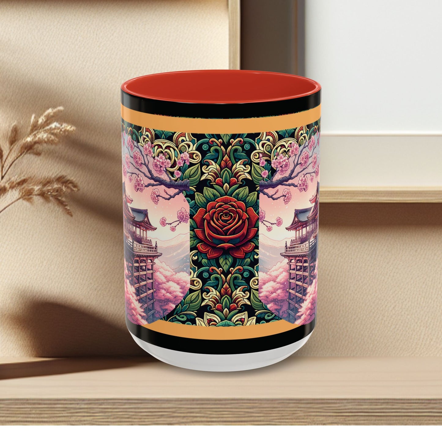 Mug - Sakura Butterfly Coffee Mug with Cherry Blossoms and a Rose