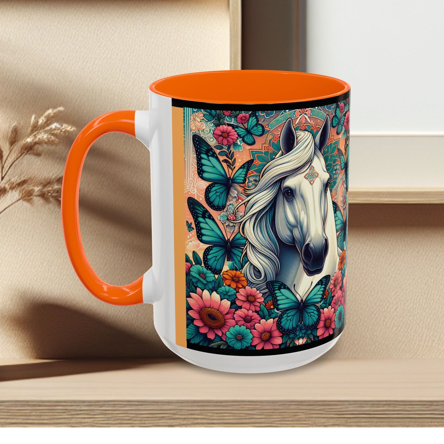 Coffee Mug Horses, Flowers, and Butterflies Mug