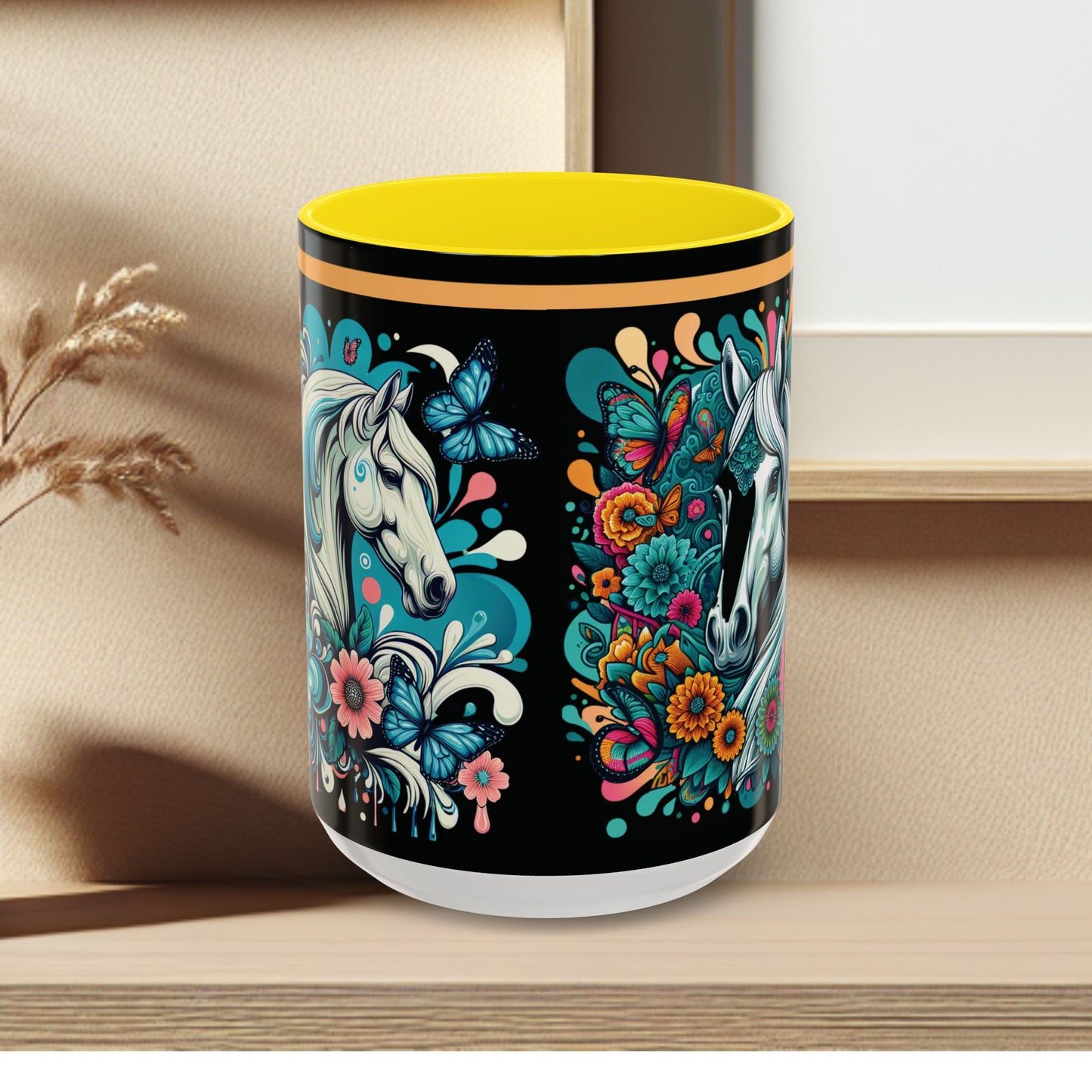 Coffee Mug White Horses with Blue Highlights in Flowers - Mug